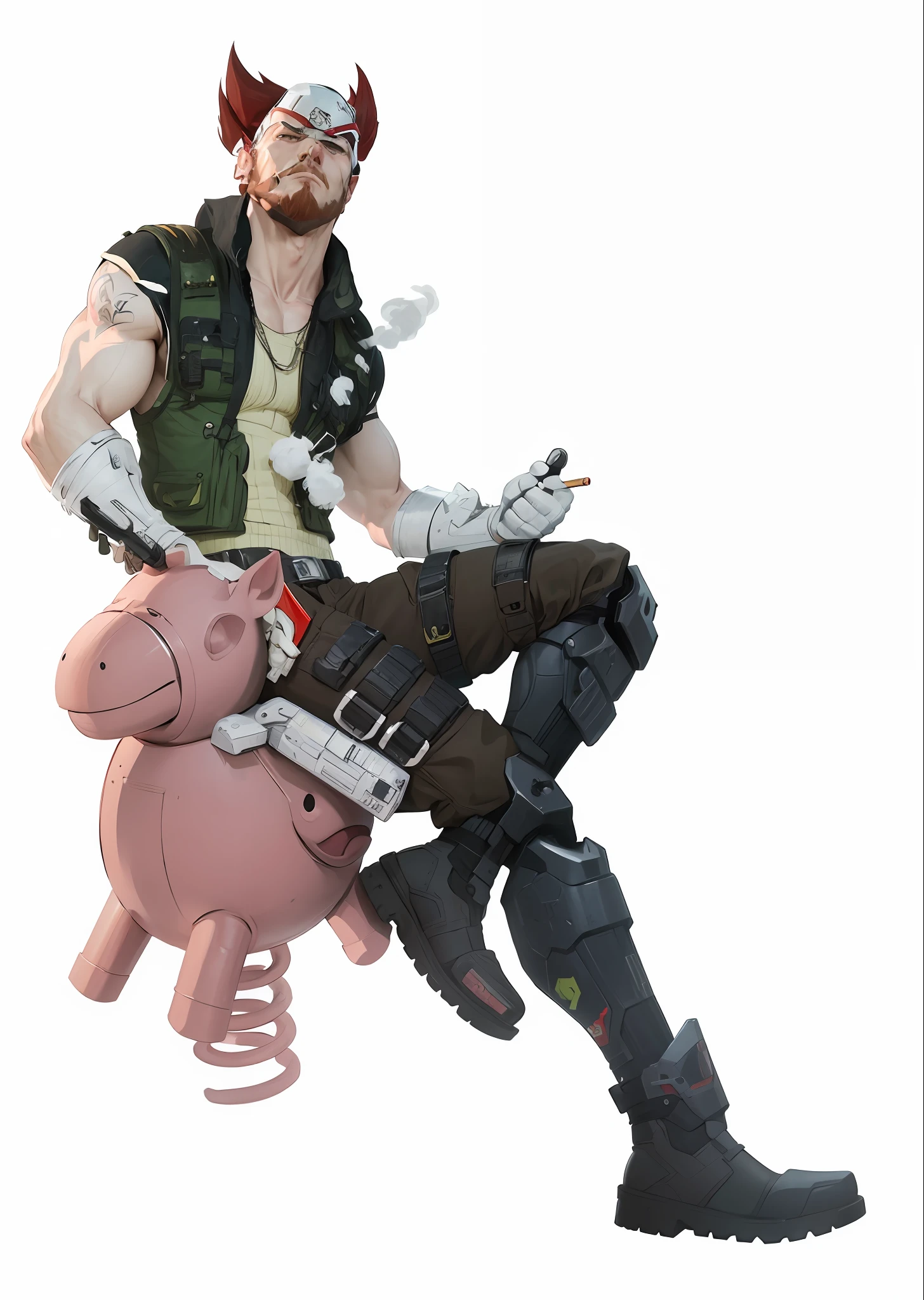 cartoon image of a man riding a toy pig with a red beard, o contra character art, metal gear snake, video game character, big boss, metal gear solid art style, hog rider, video game fanart, de metal gear, SFM rendering smoking a cigarette