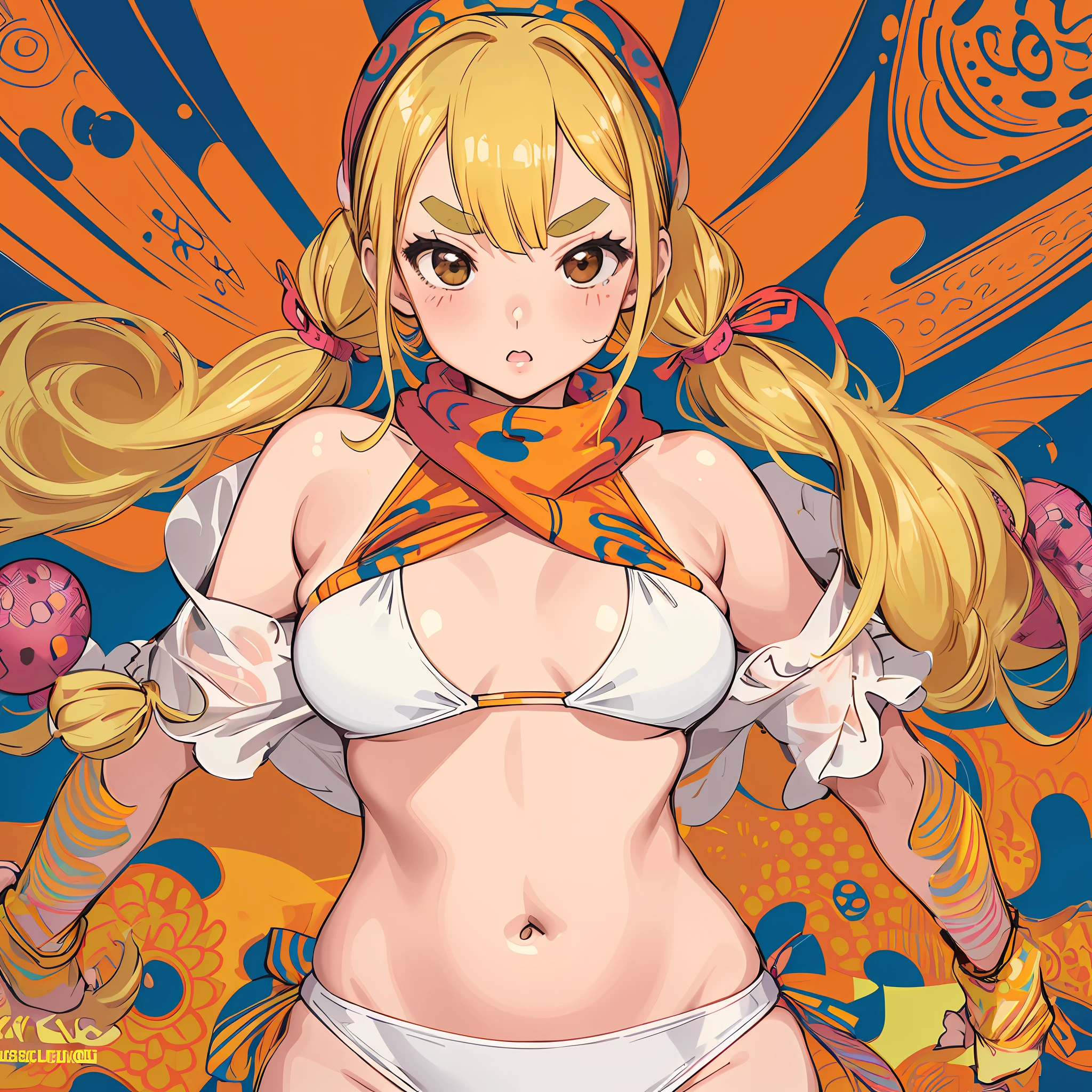Yayoi Kusama, Active Pose, Low Rise Pants, Tube Top Bikini, Unsymmetrical Scarf, Small, Female Gaki, Thick Eyebrows, Thin Waist, Pigtails, Beautiful Blonde, Cap, (Masterpiece), ((Best Quality)), (Super Detailed), Girl, Clean and Detailed Face, Five Fingers, Textile Shading, Perfect Human Structure, Perfect Anatomy,