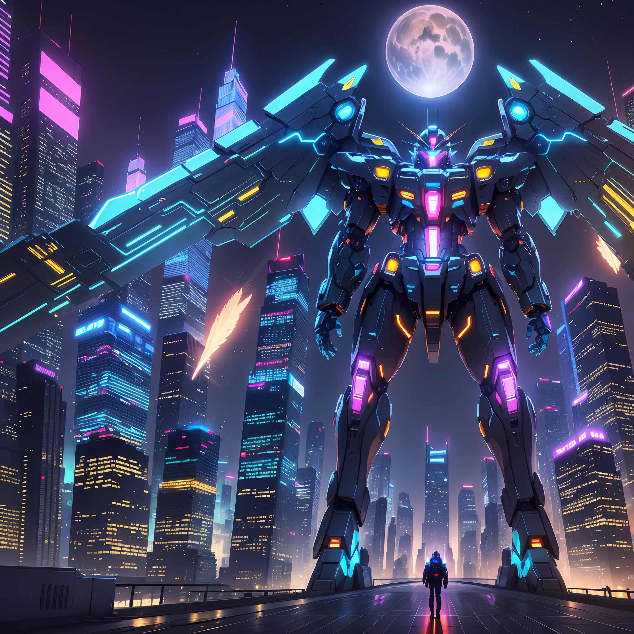 Wings of an Angel Giant Robot Skyscrapers Night View Neon Gundam Cyberpunk Top Quality Masterpiece Sci-Fi Future World