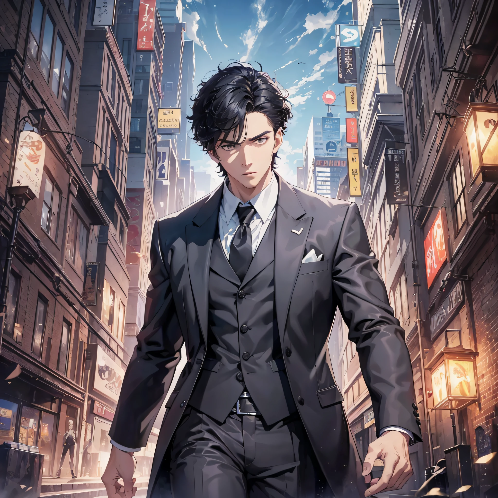 A thirty-year-old middle-aged man in a black suit with short black hair (expression surprised, shocked 1.5) (open mouth 1.3) (best quality: 1.1) (Perspective 1.5) Full body display 1.5 (overlook view 1.5) (Masterpiece: 1.3) with unparalleled masterpiece, surreal 8K, perfect artwork, super detail, best quality, masterpiece 4K wallpaper aesthetics, masterpiece, award-winning artwork, official art, cinematic lighting (Handsome young man 1.5) (Handsome 1.5) (vicissitudes 1.3)