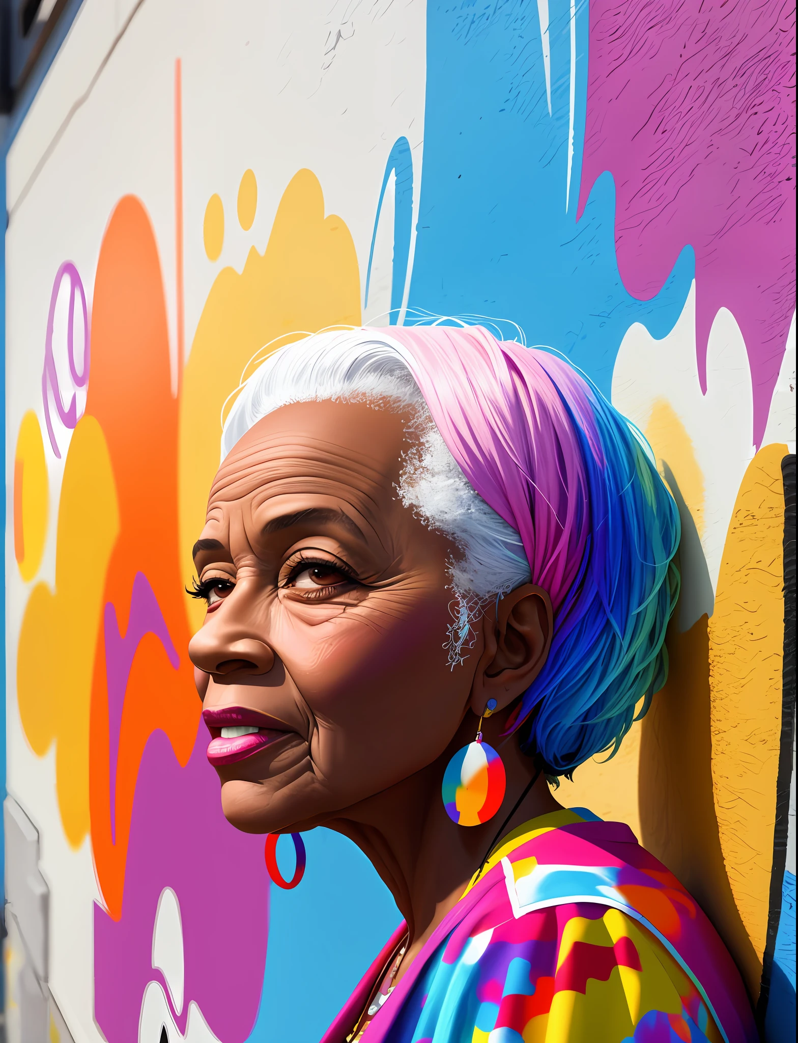 Graffiti painting, street art, 8k extremely detailed CG unit wallpaper, 8k landscape, artwork, masterpiece, best quality, amazing light brushstrokes, of an 80-year-old Black woman in graffiti style on a white wall with vibrant colors.