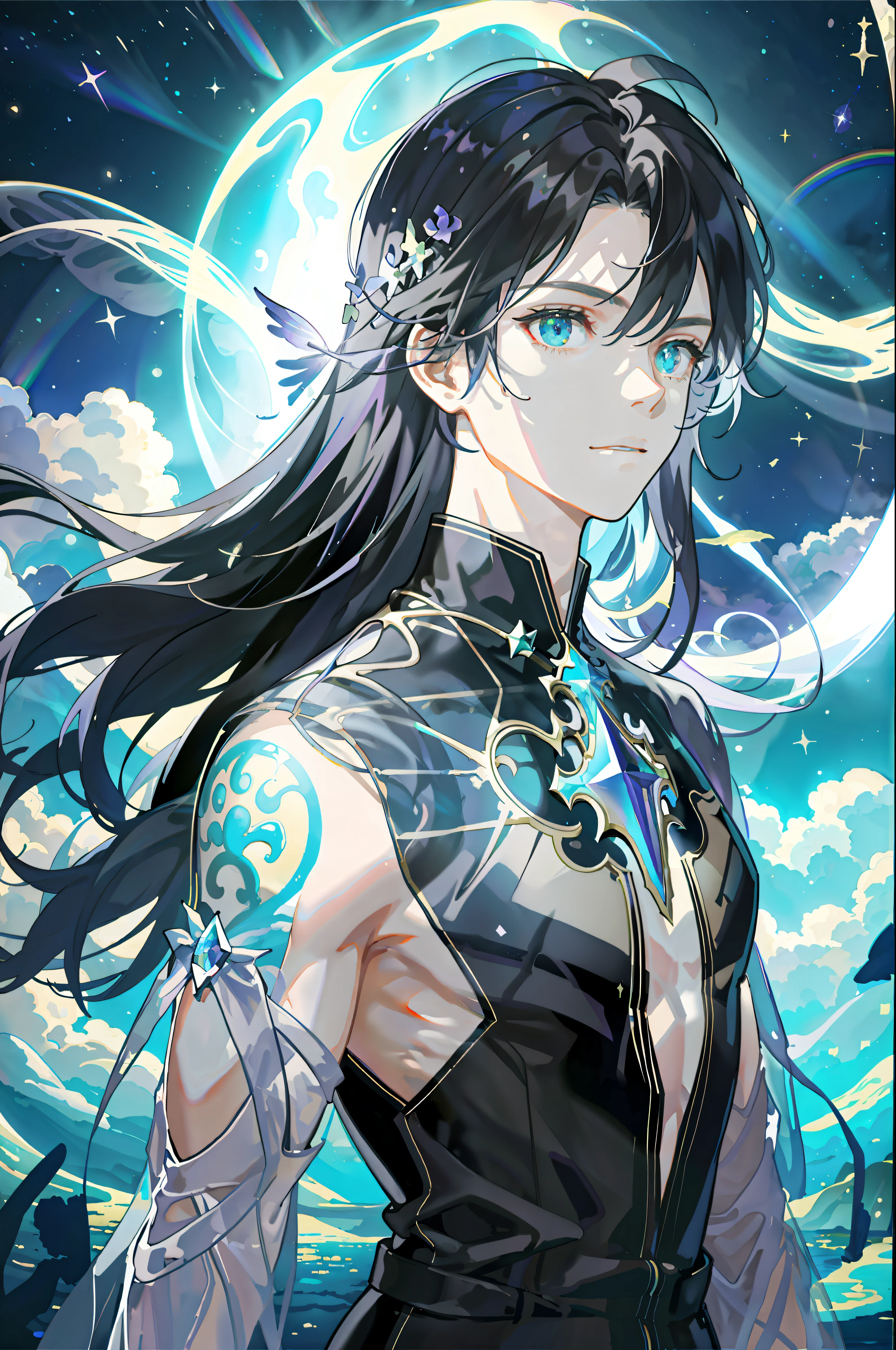 Masterpiece, Need for Good, 1 Man, Adult, Mature Woman, Tall Muscle Man, Dark Theme, Magic Array, Bubbles, Rainbow Sunlight, Underwater, Mirror, Floating Glass Sheets, Rainbow Light, Bubble Swirl, Wind Vortex, Aurora, Fantasy Landscape, Starlight Around the Character, (Upper Body), Naked on Upper Body, with a unicorn tattoo