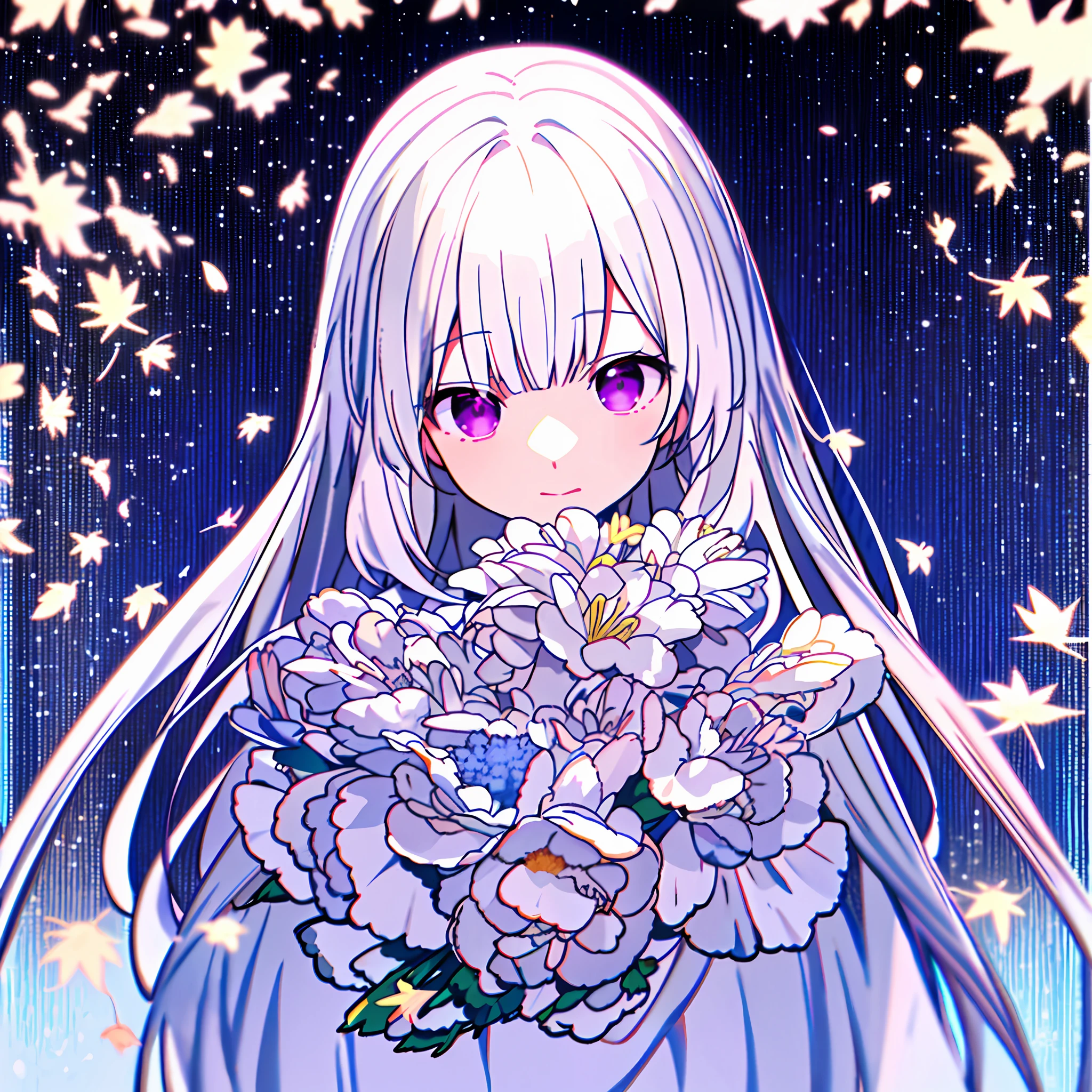 , sharp focus: 1.2, highest quality Len's, long hair, bangs, 1 girl, solo, flower, portrait, leaf, curly hair, white hair, purple eyes, flowers around, close-up, beautiful, highest quality digital art, stunning art, wallpaper 4k, 8k, 64k, HD, unparalleled masterpiece, dynamic lighting, movie, epic