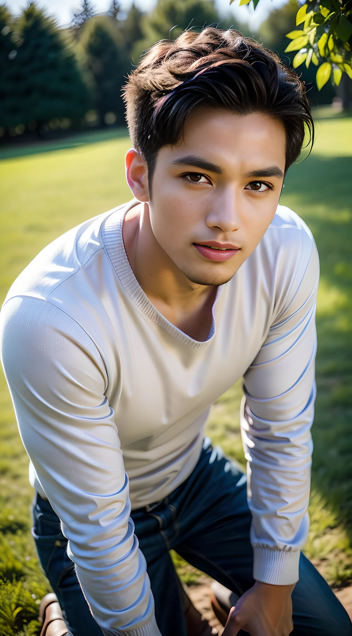 (one), (handsome man), young handsome Bodybuilder, leaning forward on the grass in the park, mischievous smile, (high detail: 1 1), natural skin, high quality, beautiful eyes, (detailed face and eyes), (face: 1 2), noise, actual photo, PSD, sharp focus, high resolution 8K, Realistic and professional photos, 8K UHD, soft lighting, high quality, film grain, FUJIFILM XT3