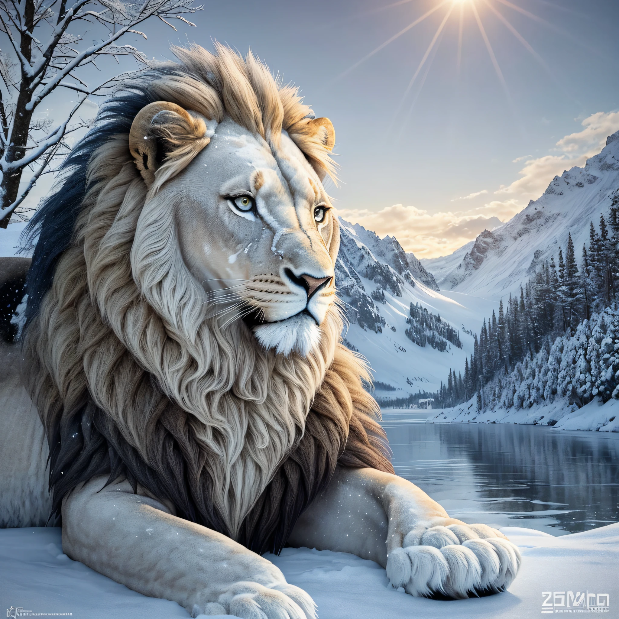 Sitting on a snow-capped hill with a lake in the background, icy winter god, lion Aslan, dramatic cinematic details fur, icy gaze, cold, majestic !!! Beautiful!!! , cold but beautiful, made of ice, cold snow, beautiful wallpaper, beautiful nature, lion, ice master, lion's mane, ice color of mane --auto --s2