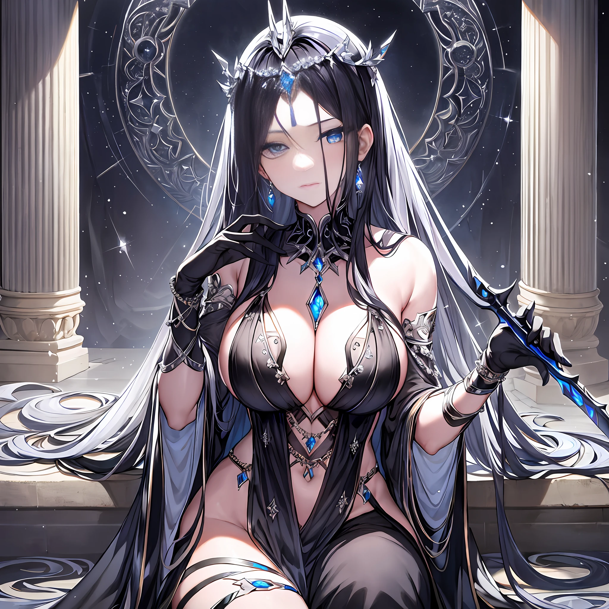 Character expressions: The expression is calm and cold, and the eyes look through the black veil and raise their heads slightly.
Hairstyle and color: Long black hair with slightly upturned ends and a silver crown on his head.
Clothing style and color: A black robe embellished with stars and moon motifs, the hem of the robe is split in half, revealing the silver armor on the legs, a silk black shawl wraps around the shoulders, and a translucent silver ribbon is tied around the chest.
Accessories on the figures: black gloves with silver runes on the gloves, a silver bracelet on the left wrist, black high boots on the feet, each boot with a silver moon pattern, and a waist chain made of silver beads pinned to the waist.
Character pose: Holding your chin in your right hand, staring forward slightly, holding a black scepter in your left hand, the tip of which is inlaid with a bright blue gemstone, quietly greeting the light.
Setting: Standing on a black throne, the seat is decorated with silver sequins, surrounded by tall silver pillars, between which hang a shimmering crystal lamp, the floor is a block of silver marble, under the moonlight, the whole space shines with a faint silver-white light.
Hints: Long black hair, silver crown, black robe, star and moon motif, silver armor, silky black shawl, silver ribbon, black gloves, silver runes, silver bracelet, black high boots, silver moon pattern, silver bead waist chain, black scepter, blue gemstone, black throne, silver sequins, silver pillar, crystal lamp, silver marble.