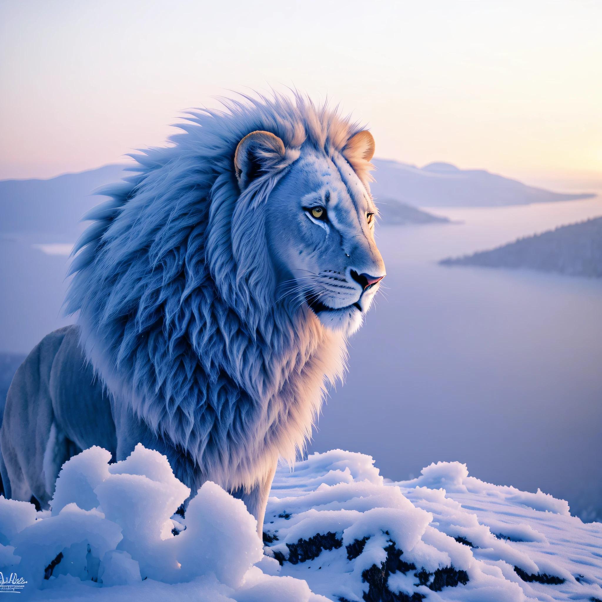 araffe sitting on a snowy hill with a lake in the background, icy, god of winter, aslan the lion, dramatic cinematic detailed fur, frozen cold stare, cold, majestic!!! beautiful!!!, cold but beautiful, made of ice, cold snowy, beautiful wallpaper, beautiful nature, lion, master of ice, with the mane of a lion