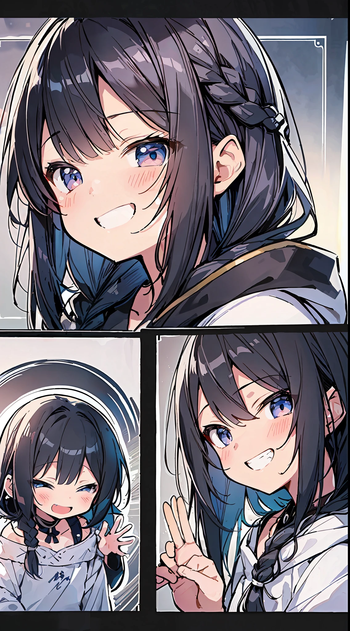 Top Quality, Best Masterpiece, Ultra High Resolution, 8k, White Hoodie, Anime-style Loli, Single, Ultra-Detailed Line Art, Digital Enhancement, Anime Core, Flowing Fabric, Close Up, ((Hair length to shoulder and short braid)), staring at us from the front, Soft drawing, Beautiful black hair, (((Littlein anime style)), crisp eyes, grin, teeth, wide mouth, closed eyes, highfive, ultra-detailed digital anime art, clear face depictions, ultra-detailed anime character art, ultra-detailed manga style, top quality colors, hand gestures, foot-up angles, indoors