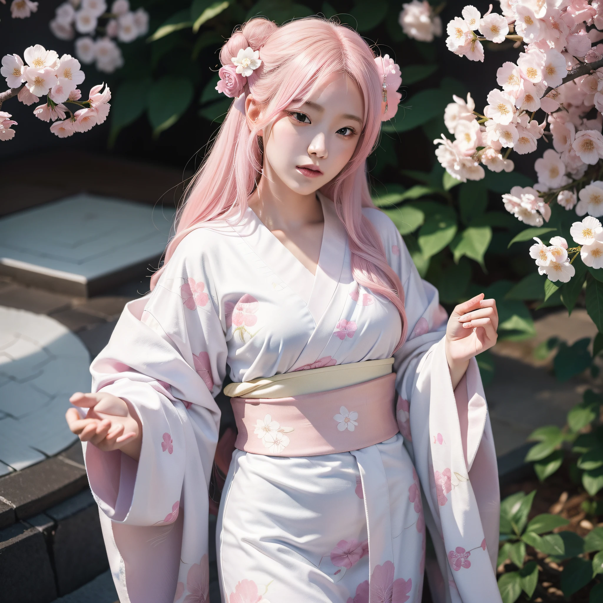 A hyper-realistic, highly detailed, and high-resolution 16k image of a young, beautiful female ghost or guardian spirit. She has light pink hair and translucent skin, and is dressed in a traditional Japanese kimono with a small cherry blossom design on the obi. The image captures the ethereal beauty and mystique of the spirit world. The style is inspired by the delicate, soft aesthetic found in traditional Japanese art.