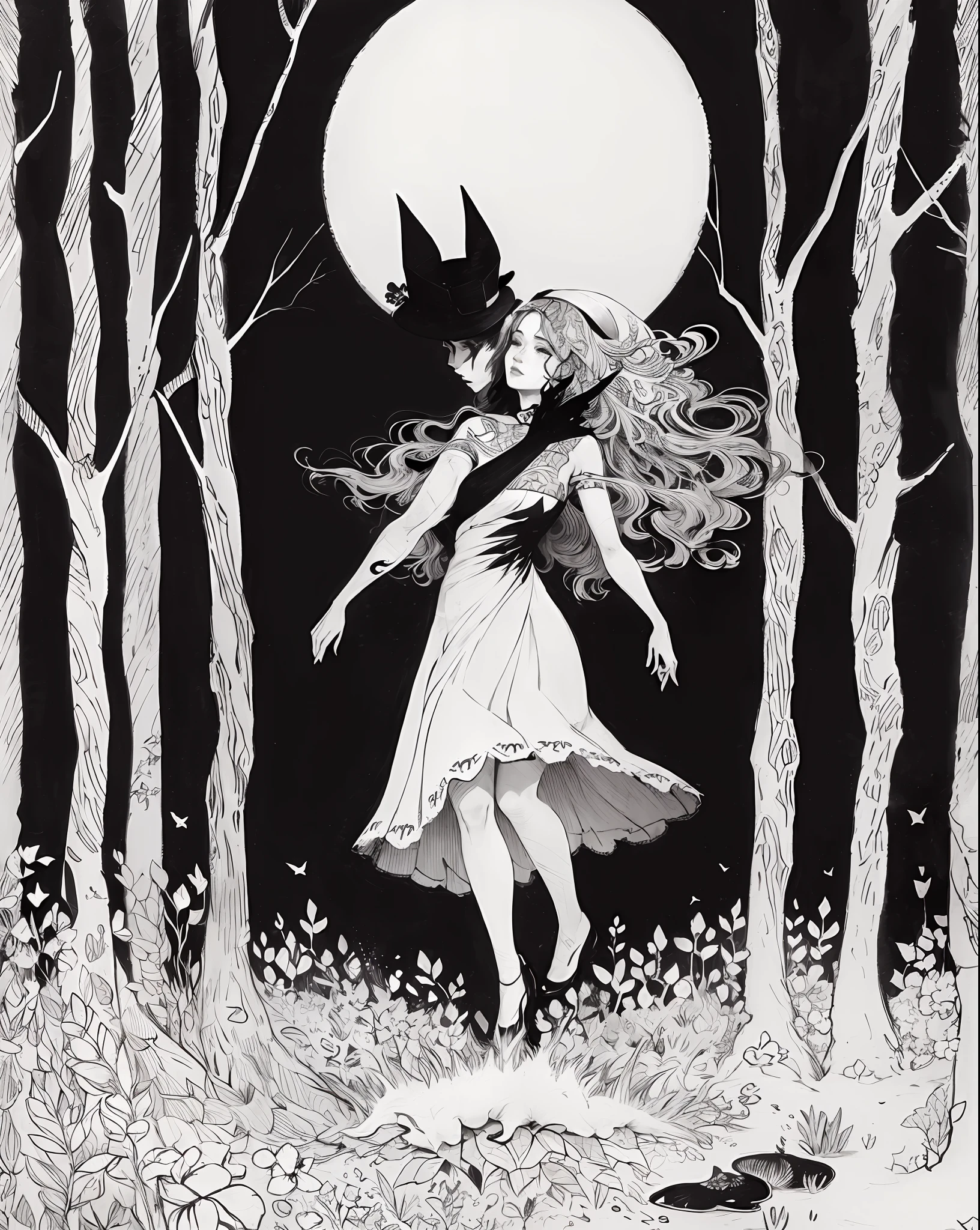 a drawing of a woman in a dress and hat walking through a forest, (inktober), inky illustration, inspired by Kelly McKernan, inktober, by Kelly McKernan, jamie mckelvie comic art, inspired by Samuel Hieronymus Grimm, ink illustration, by Whitney Darrow, inspired by Takato Yamamoto, by Valéria Dénes --auto --s2