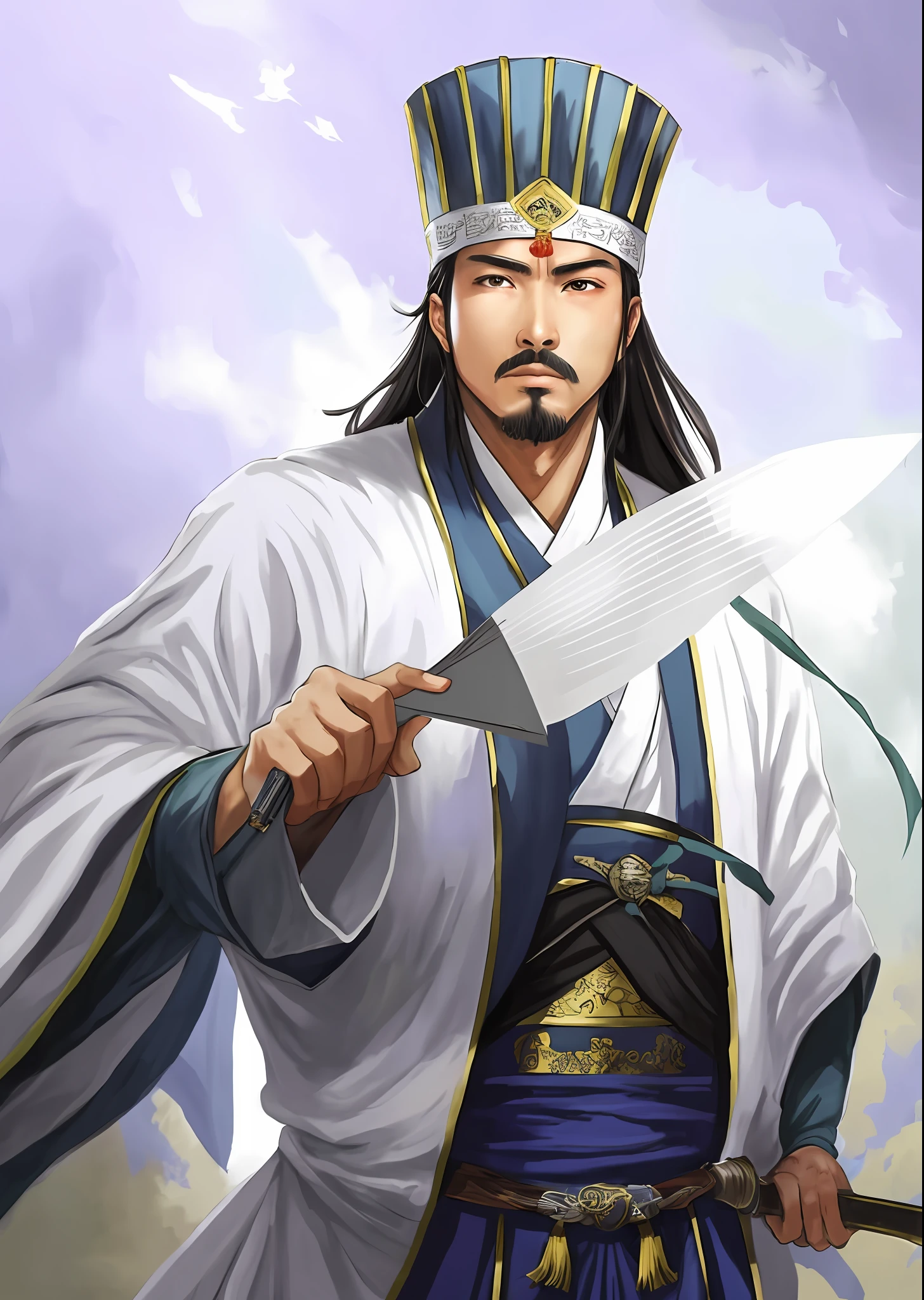 The image of Arafard in a white robe and a fan with a fan, Zhuge Liang, thickly painted card style, needs to add the background of the scene --auto --s2