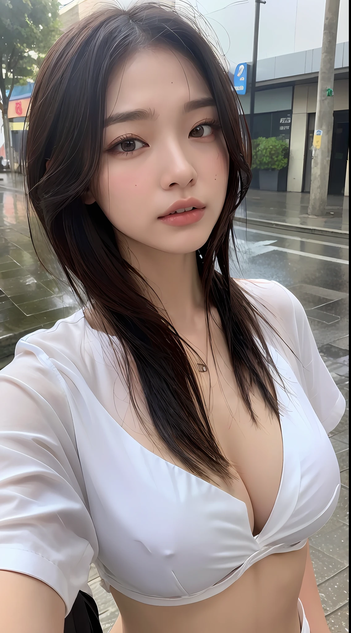 ((Best quality, 8k, Masterpiece: 1.3)), Sharp focus: 1.2, A beautiful woman with perfect body: 1.4, Slim abdomen: 1.2, ((Layered haircut, Large breasts: 1.2)), (no bra) (Small and beautiful hard nipple) (Thin and damp button up to shirt length: 1.1), (White shirt wet by rain), (Rain, Street: 1.2), Wet body: 1.1, Highly detailed face and skin texture, Detailed eyes, Double eyelid, tanned skin, sexy, tan
