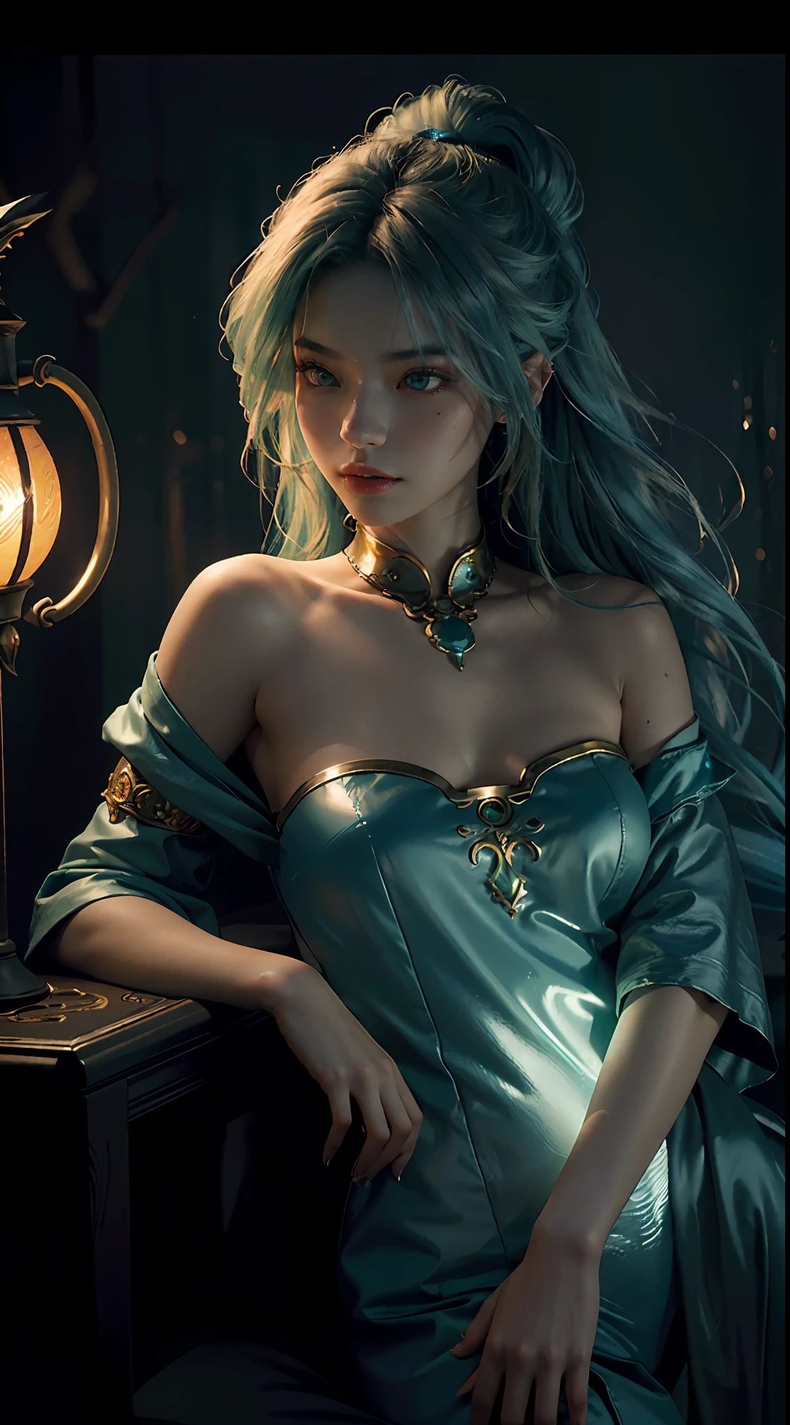Best quality, masterpiece, ultra high res, (photorealistic:1.4), raw photo, 1girl, soul bender girl, cinematic lighting, ((female)), fierce, holding a lamp, death element, rainbow elemental hair, long hair, soul bender, greenish blue base, mage, soul lamp