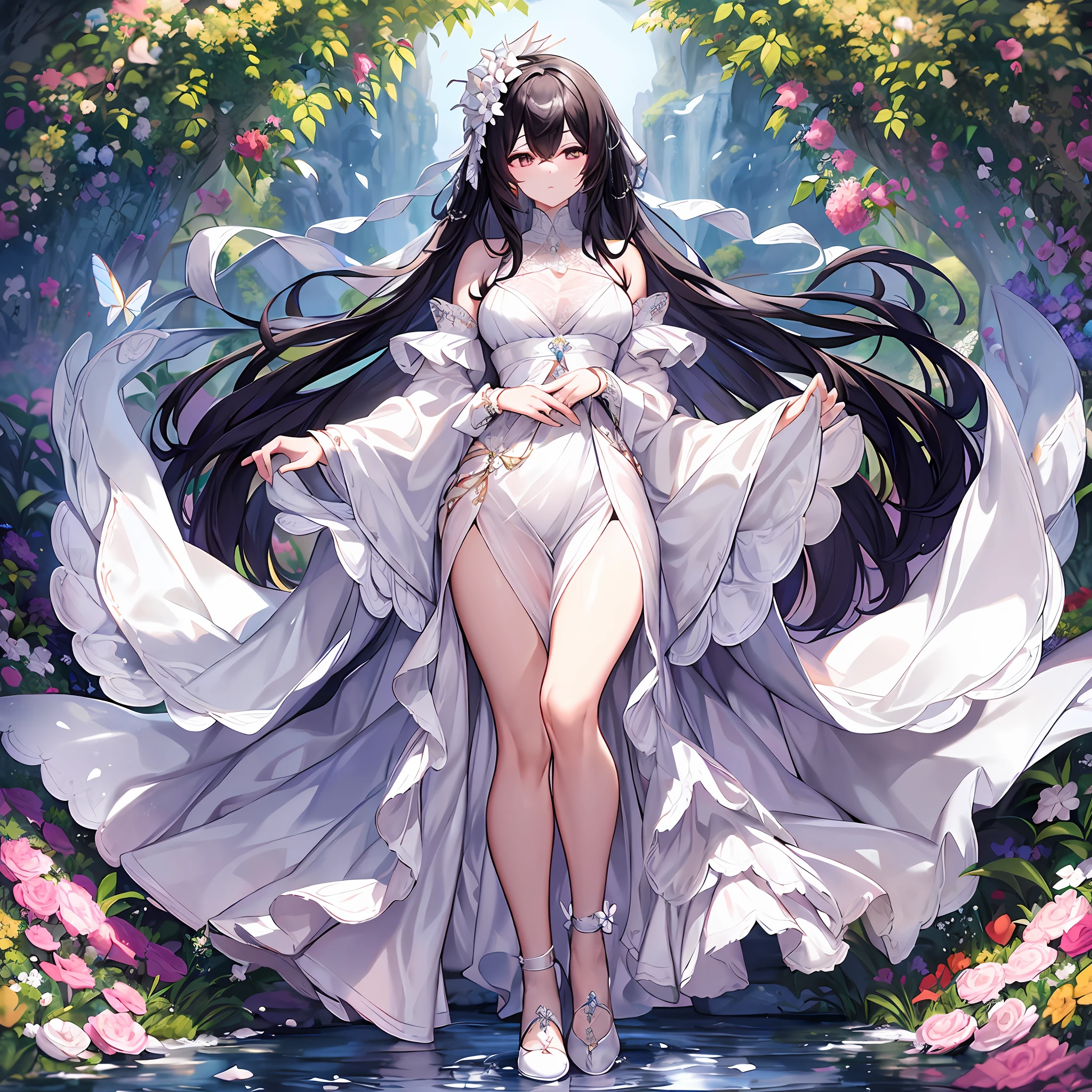 Character expressions: The expression is gentle, the brows are slightly wrinkled, and the eyes are staring ahead, and there is a beautiful aura in the eyes.
Hairstyle and color: Long black hair draped over his shoulders, a flower cluster on his head, and a white pearl embedded in the center of the flower cluster.
Clothing style and color: a fresh and simple white robe, the body and cuffs are covered with delicate silver thread embroidery, the hem of the robe is in the shape of a crescent, white satin shoes exposing the feet, and a pure white tulle shawl is draped over the shoulders, and the shawl is embellished with white pompoms and white linen lace.
Accessories on the figure: A crystal clear white bracelet with a white diamond set on the left wrist and a white bow ribbon tied around the ankle.
Character posture: Wrap your hands around your body, lean forward slightly, stare ahead, raise your right foot slightly, and lightly tap your toes.
Location: In a garden, surrounded by flowers, with roaming butterflies in the flowers, a stream with the crisp sound of running water, passing through the garden, in the distance, a white palace looms.
Hints: long black hair, flower clusters, white pearls, white robe, silver thread embroidery, white satin shoes, white tulle shawl, white pompom, white linen lace, white bracelet, white diamonds, white bow ribbon, leaning, garden, flowers, butterflies, stream, white palace.
