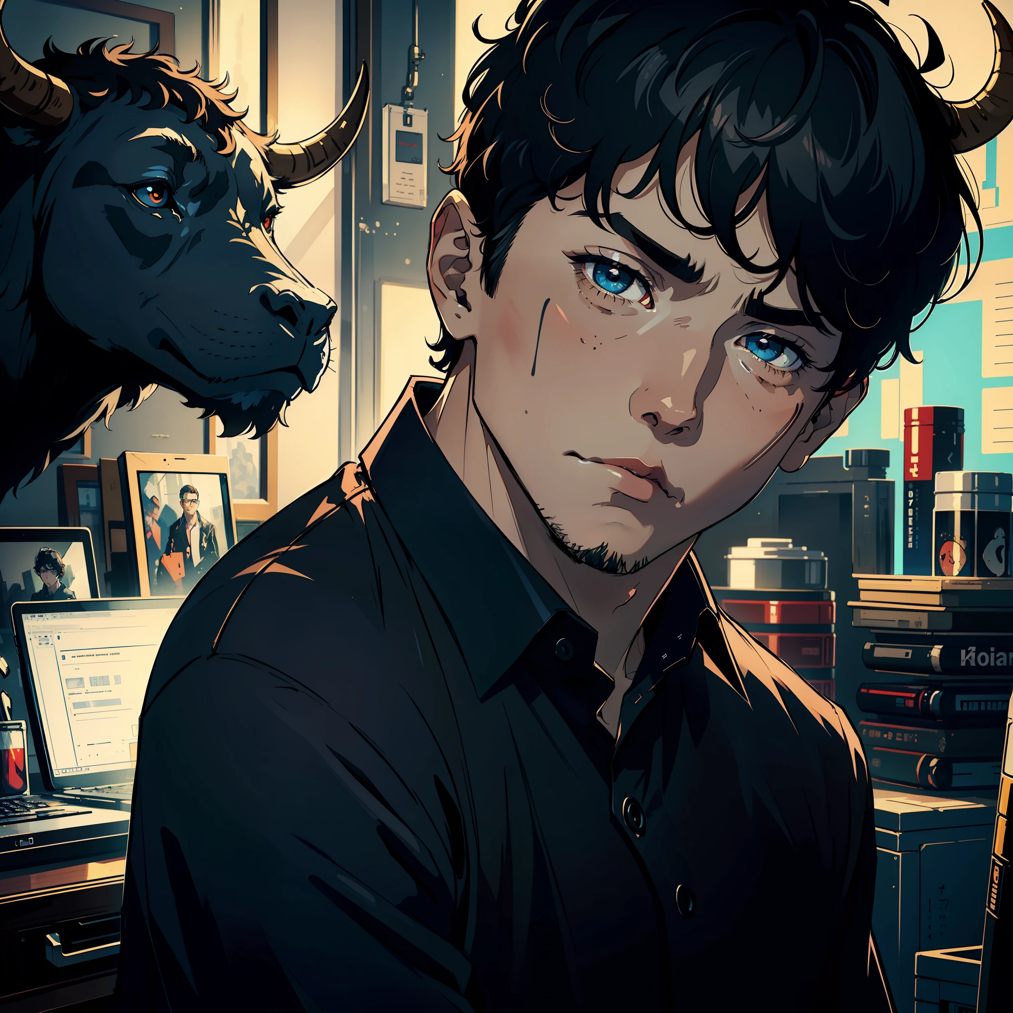 Masterpiece, high quality, best quality, HD, realistic, perfect lighting, bull head, detailed body, 1 man, short black hair, colorful shirt, (sad expression: 1.5) (sad face: 1.5), sideways, looking at the camera, computer screen, far view