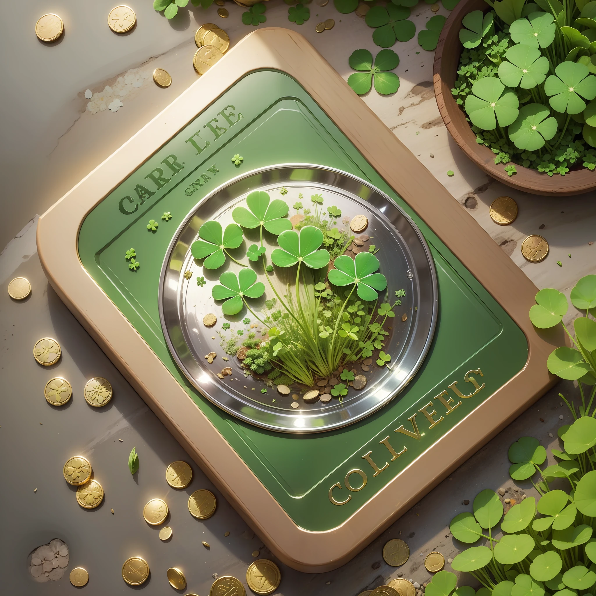 card 02, 4-leaf clovers, clover, coins, scattered coins, green, luck, brightness, sunshine, garden --auto --s2