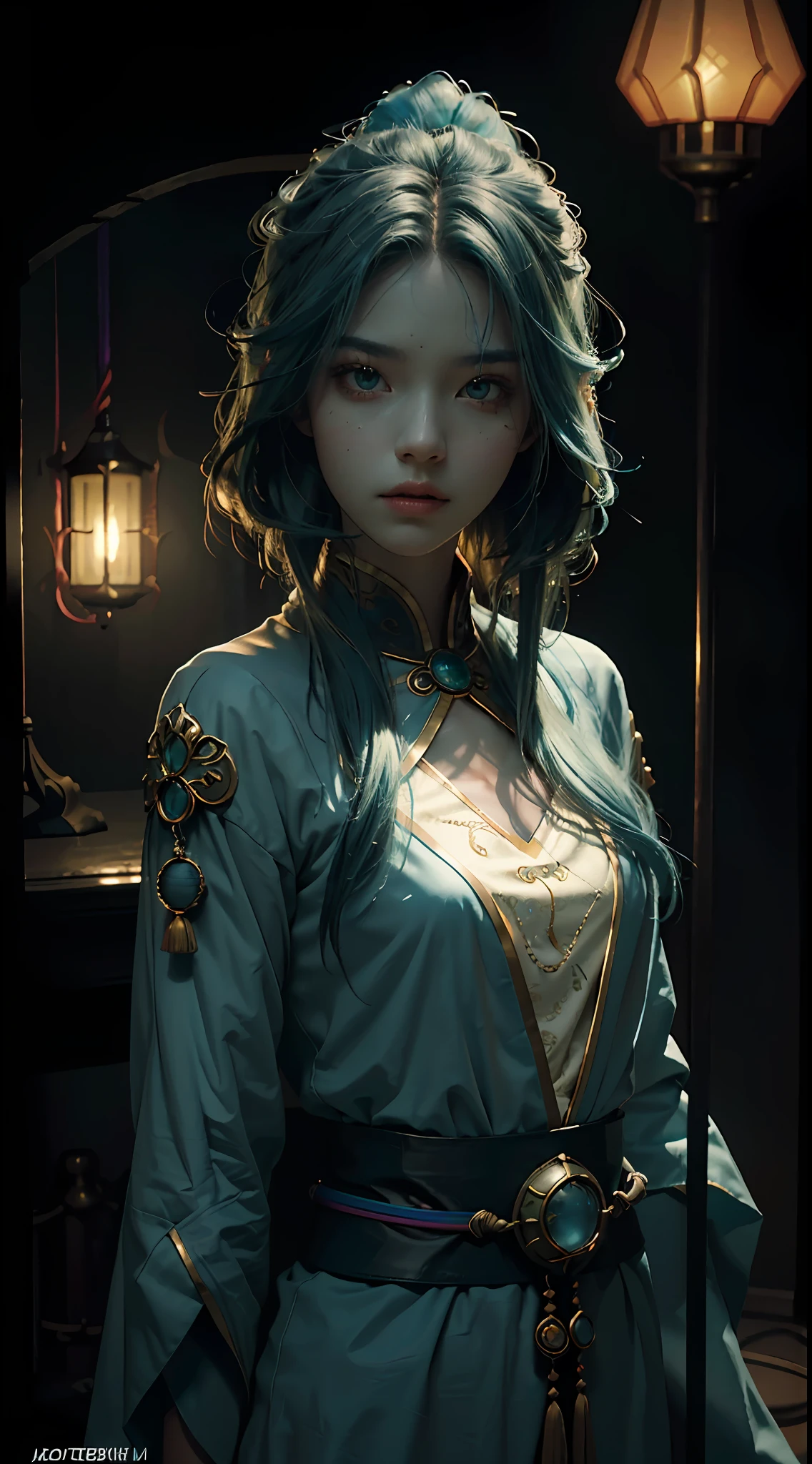 Best quality, masterpiece, ultra high res, (photorealistic:1.4), raw photo, 1girl, soul bender girl, cinematic lighting, ((female)), fierce, holding a lamp, death element, rainbow elemental hair, long hair, soul bender, greenish blue base, mage, soul lamp
