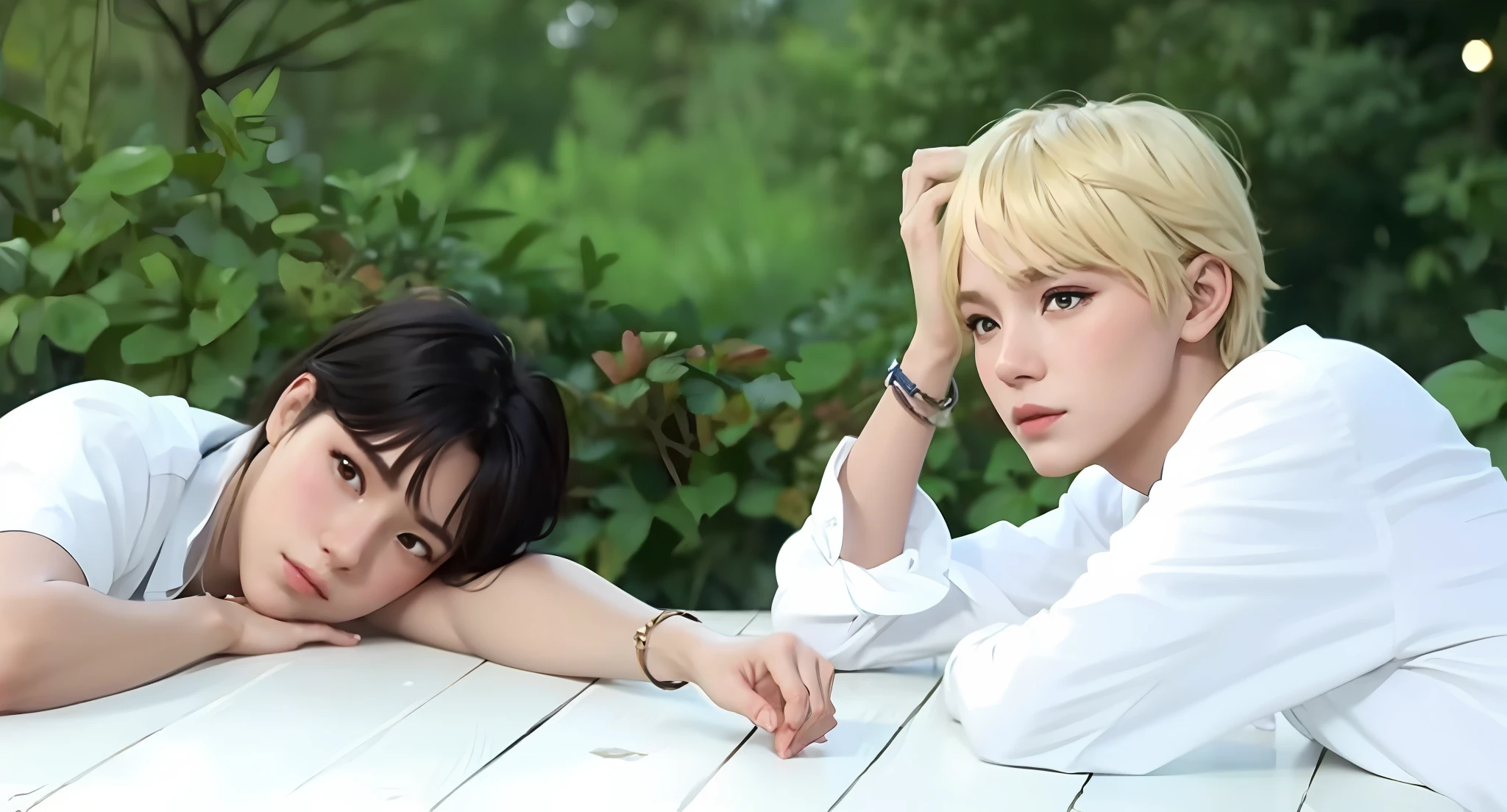 beautiful couple of men, photorealistic, intricate details, beautiful background, high resolution, best quality, 8k, artwork, masterpiece