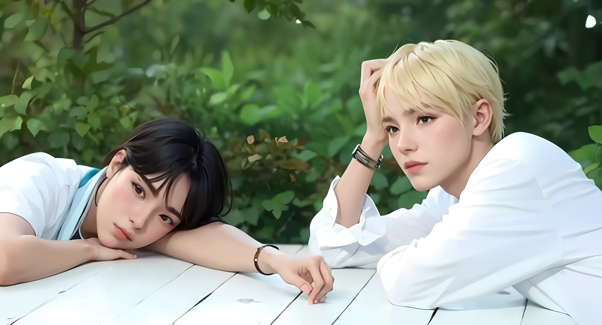 beautiful couple of men, photorealistic, intricate details, beautiful background, high resolution, best quality, 8k, artwork, masterpiece