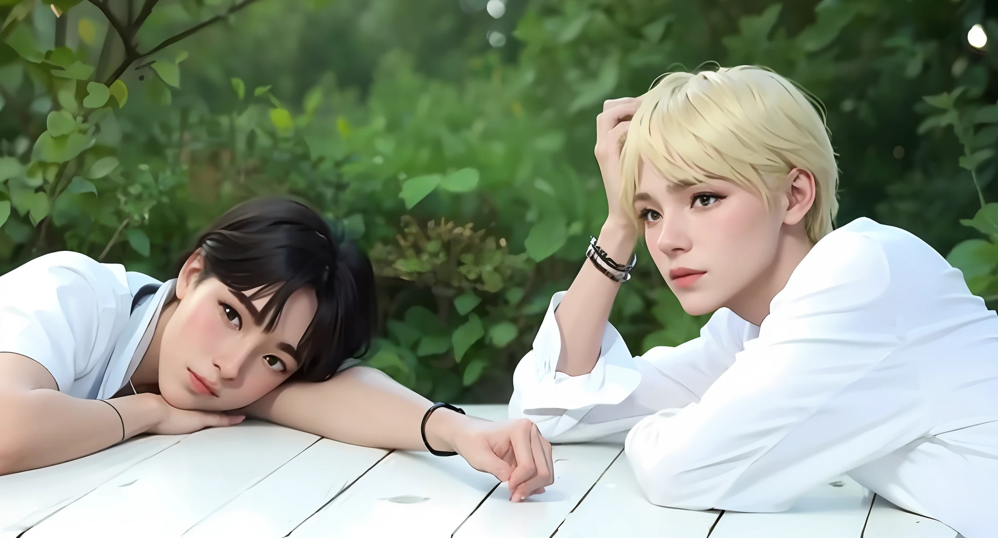 beautiful couple of men, photorealistic, intricate details, beautiful background, high resolution, best quality, 8k, artwork, masterpiece