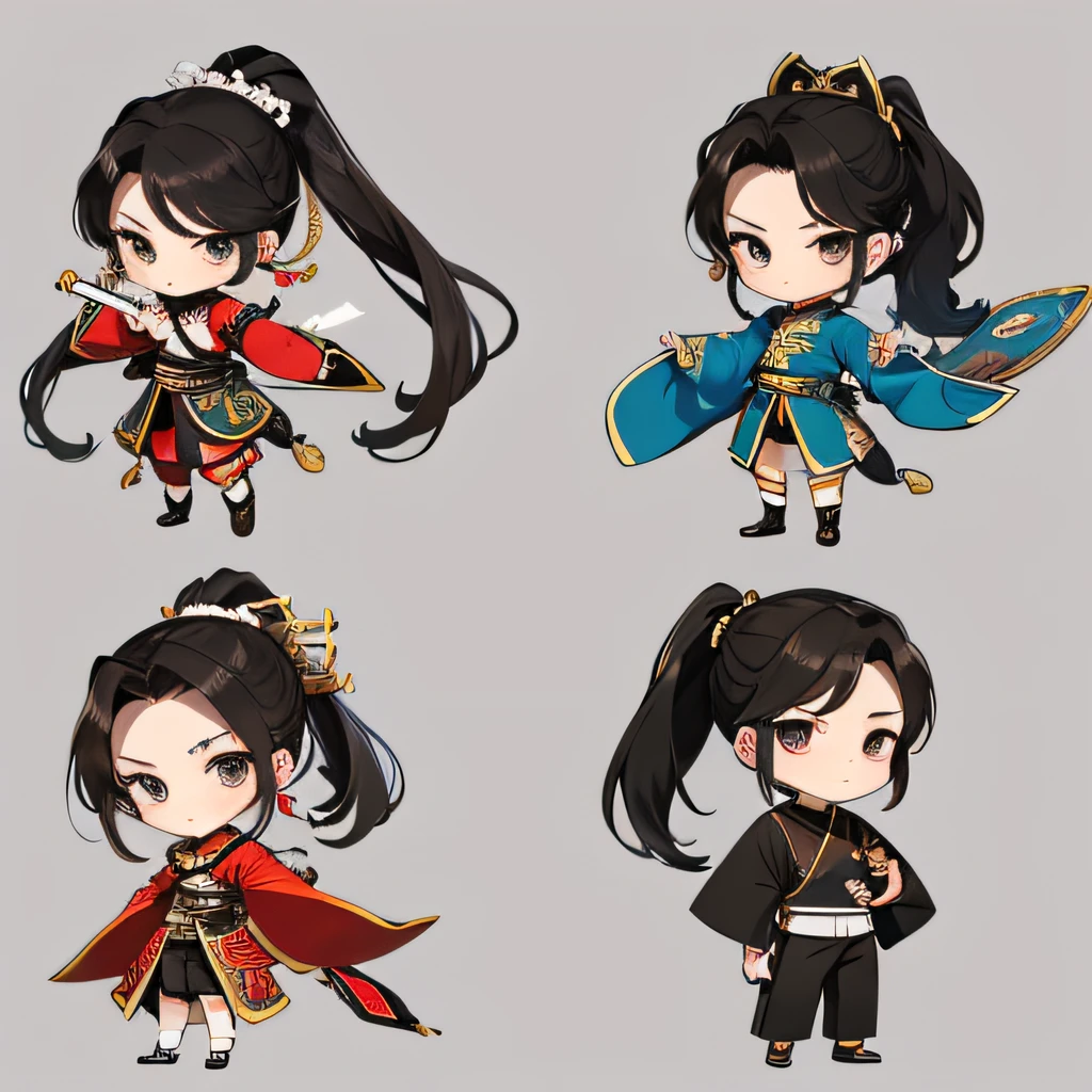 Masterpiece, Superb Piece, (1 boy: 1.8), (Chibi: 1.8), standing, sideways, (ancient Chinese clothes: 1.2), long black hair, ponytail, black eyes, white background, simple background