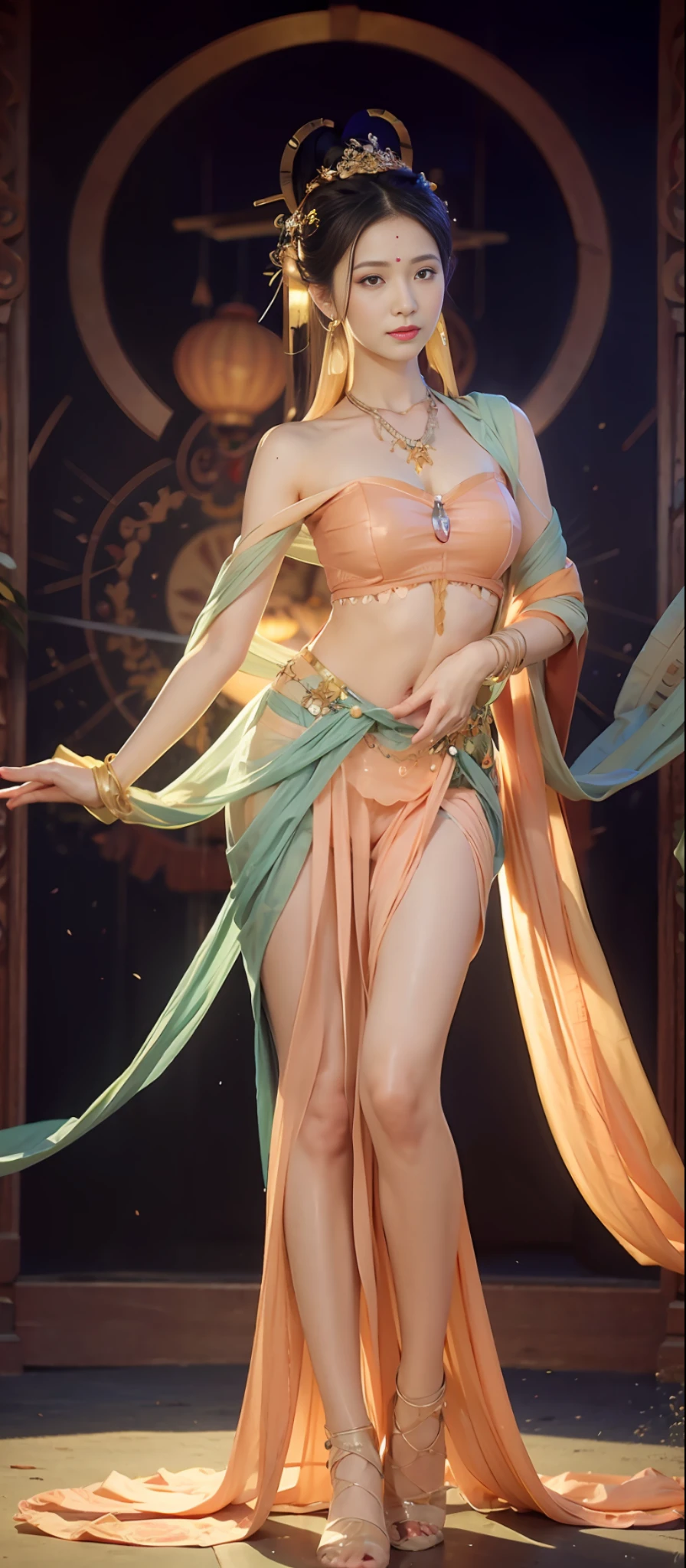 (RAW Photo, Best Quality), (Realistic, Photo Real: 1.3), Best Quality, Highly Detailed, Masterpiece, Ultra Detailed, Illustration, 1 Girl, upper_body, Dynamic Angle, World Mastery Theater, messy_long_hair, Best Quality, Extremely Delicate Beautiful Girl, Supple Fair Skin, Delicate Facial Features, Perfect Face, Sexy Collarbone, Dance, dunhuang_dress, Dance, Lotus in Hand, Delicate Forehead Hand, delicate eyelashes, delicate eyes, bare shoulders, stunning beauty, extreme details, realistic details, abdomen, navel, extremely detailed CG unified 8k wallpaper, amazing, sexy, peach blossom eyes, light makeup, smile, movie lights, lens_flare, dunhuang_style, mother-in-law dance, bare shoulders, streamers, floating, lanterns, full body portrait,