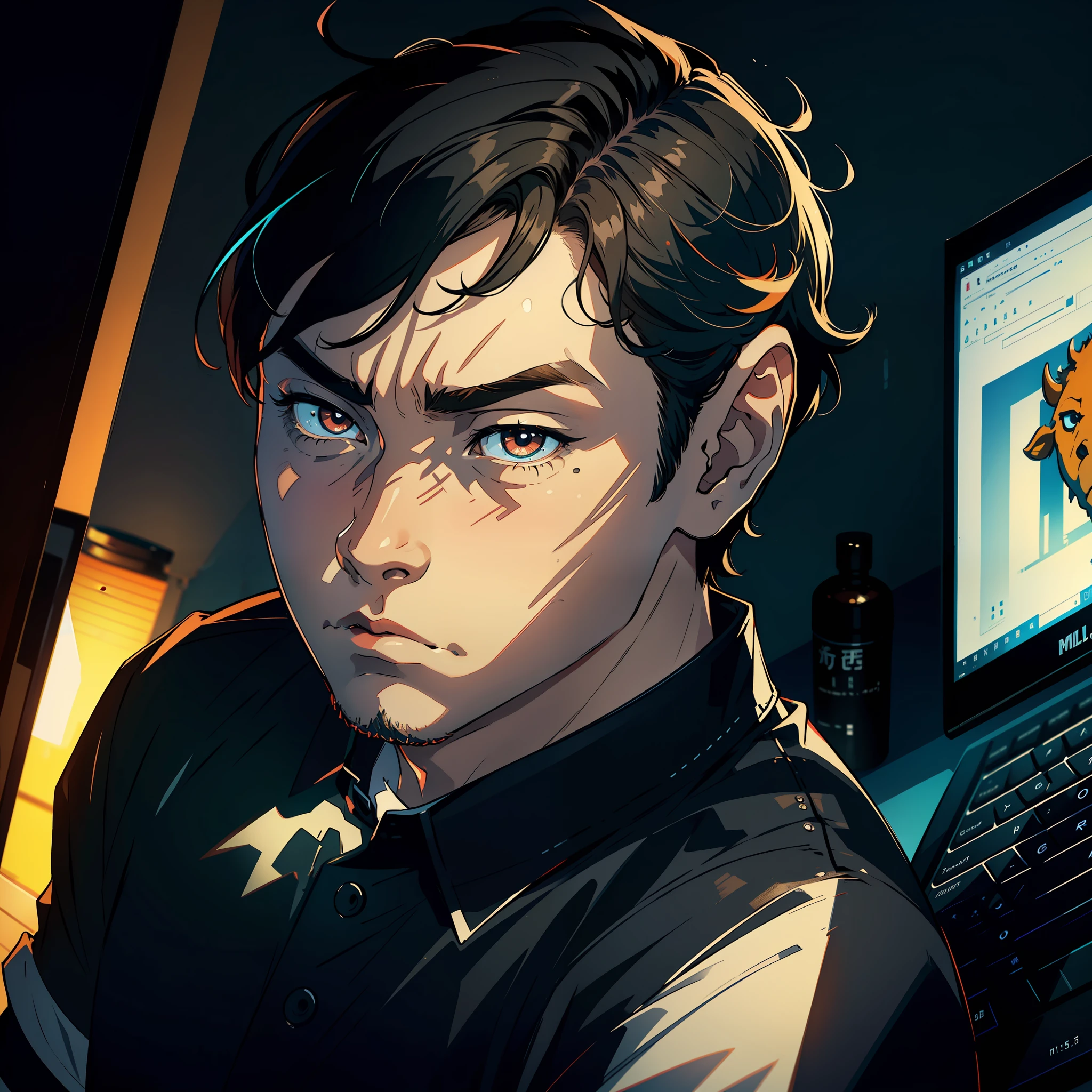 Masterpiece, high quality, best quality, HD, realistic, perfect lighting, bull head, detailed body, 1 man, short black hair, colorful shirt, (sad expression: 1.5) (sad face: 1.5), sideways, looking at the computer screen
