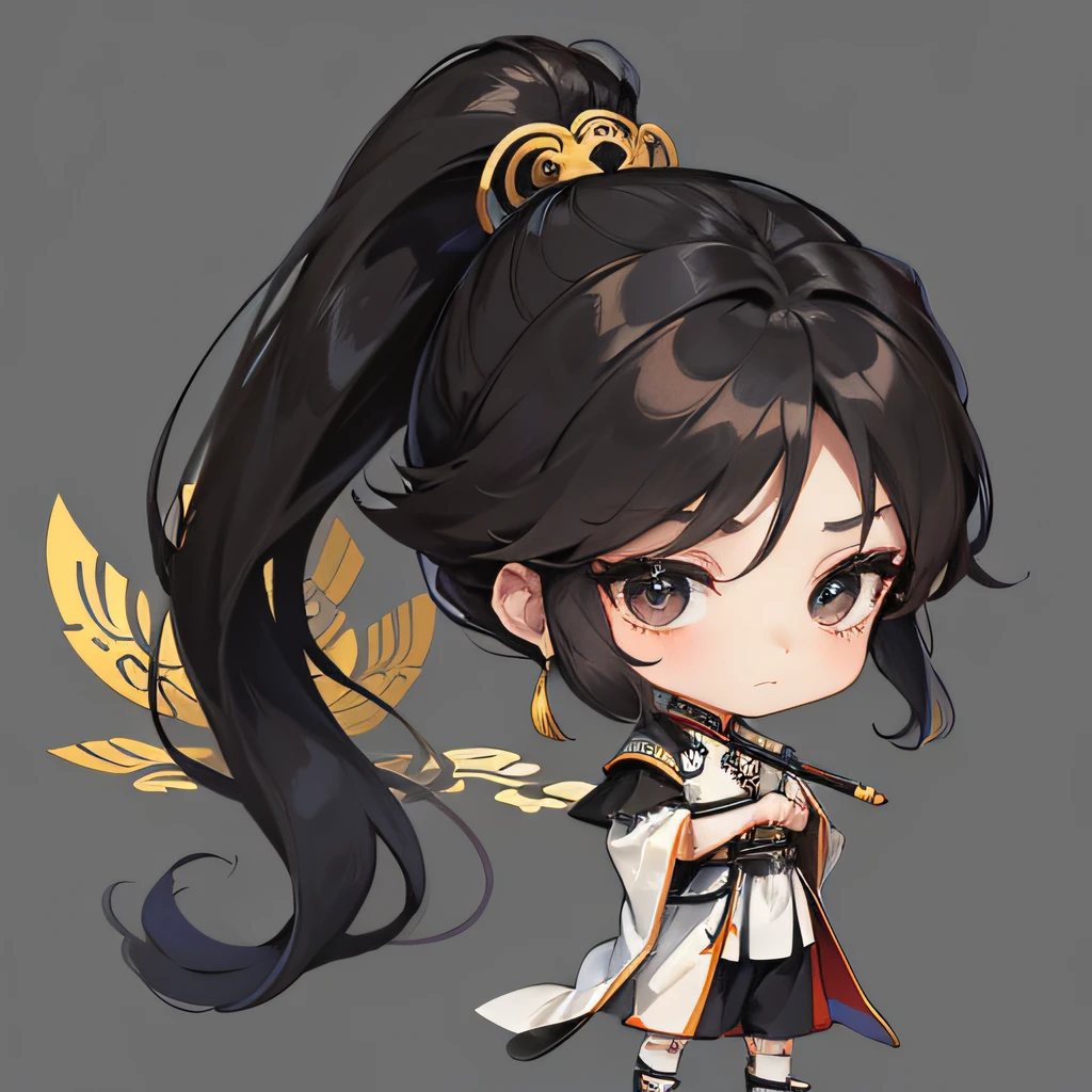 Masterpiece, Superb Piece, (1 boy: 1.8), (Chibi: 1.8), standing, sideways, (ancient Chinese clothes: 1.2), long black hair, ponytail, black eyes, white background, simple background