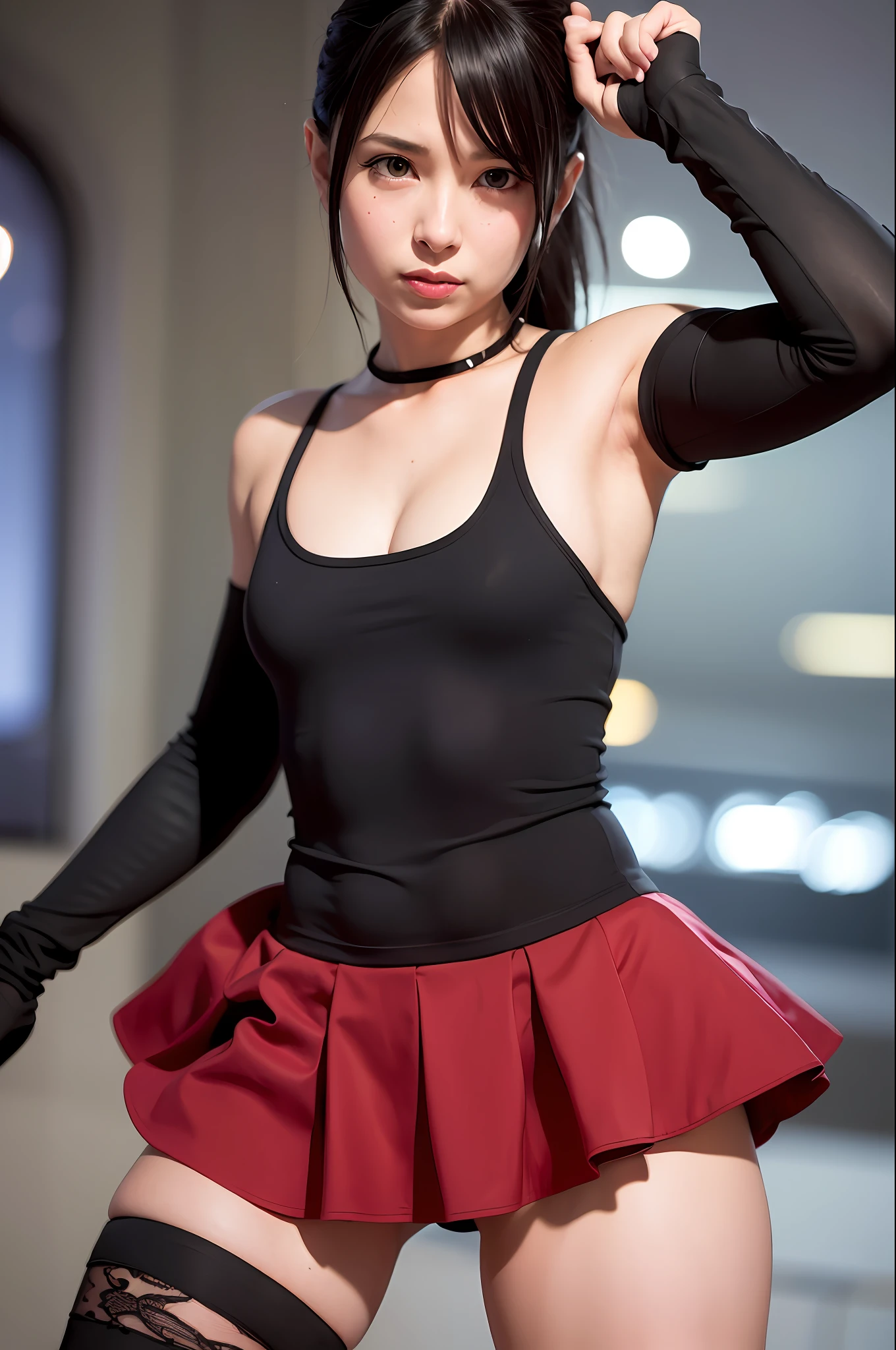 (8k, best quality, masterpiece:1.2), (realistic, photo-realistic:1.37), ultra-detailed, 1 girl,cute, solo, (tifa lockhart), (small breasts),(beautiful detailed eyes), (smile:1.2), (closed mouth), erotic pose, dancing, neon lights, depth of field, dark intense shadows, sharp focus, cars, motor bikes, good composition, green glowing light, Final Fantasy, dating,(nose blush), single elbow pad, ankle boots, black hair, black skirt, black thighhighs, red boots, elbow gloves, elbow pads, fingerless gloves, taut shirt, sports bra, (suspender black skirt), thighhighs, white tank top, full body, head rest, lips, pretty face, low-tied long hair, (red_eyes), yellow flowers, (night:1.3), intricate, bokeh, cinematic lighting, (Tetsuya Nomura)