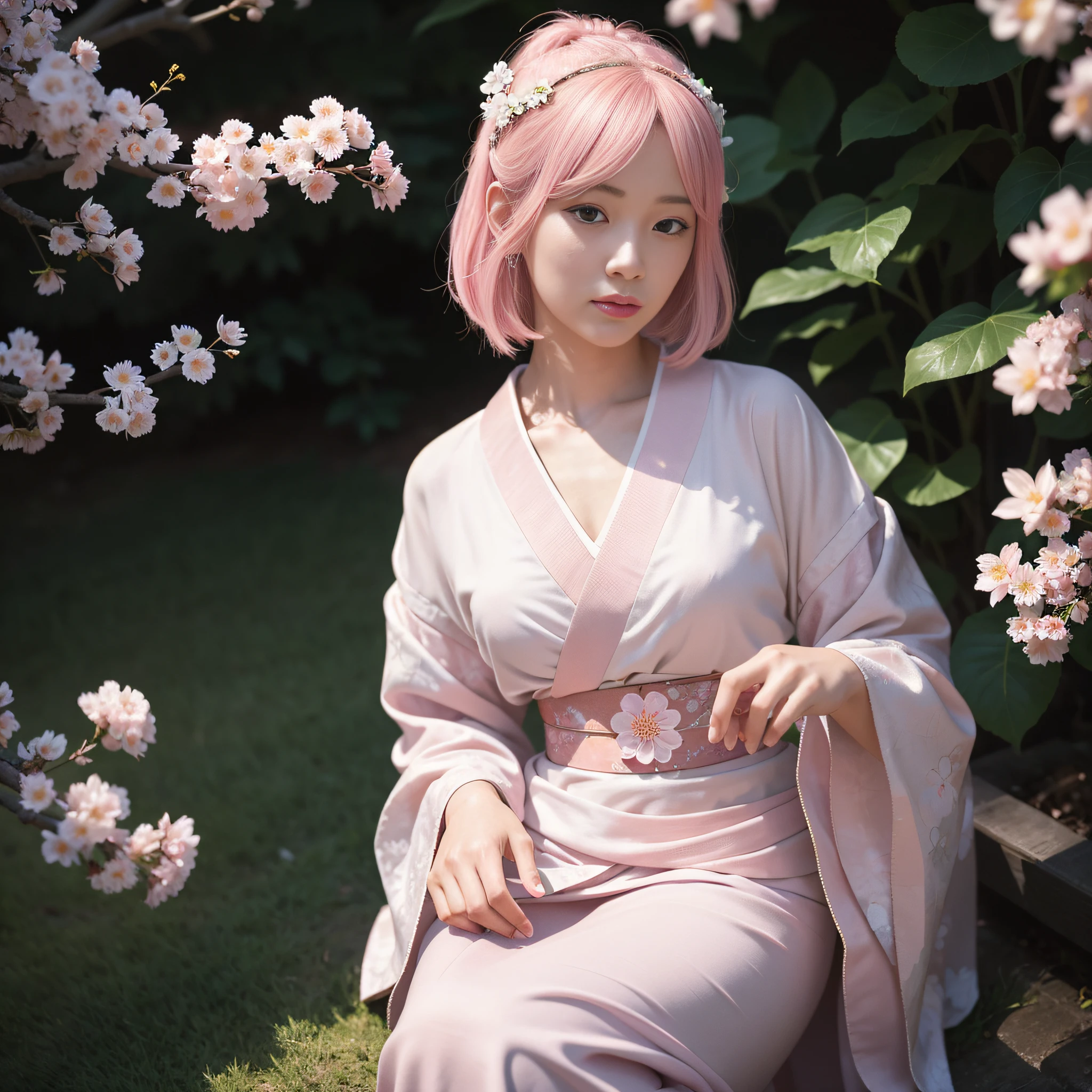 there is a woman sitting on a bench in a pink dress, flowing sakura silk, haruno sakura, flowing sakura-colored silk, sakura petals around her, sakura kinomoto, anime girl cosplay, anime cosplay, sakura season, palace , a girl in hanfu, sakura bloomimg, anime girl in real life, artwork in the style of guweiz