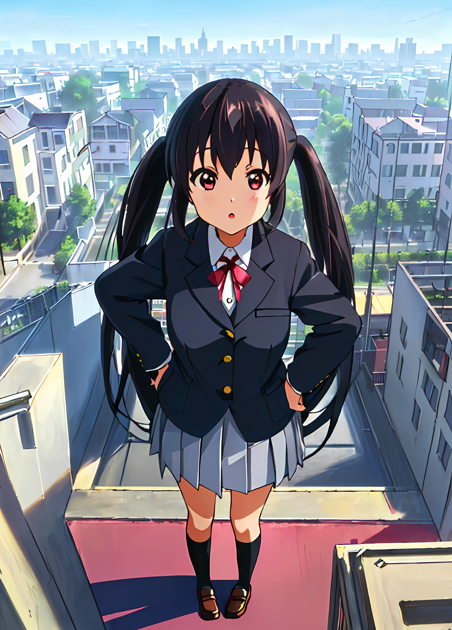 1girl, ((((Masterpiece))), Best Quality, Best Quality, High Detail, Azusa Nakano, 1girl, Sakuragaoka High School Uniform, Musical Instrument, School Uniform, Twin Tails, Long Hair, Black Hair, Brown Eyes, Solo, Red, Dark blue blazer with a thin ribbon of red, Solid white button shirt under blazer, Illustration, Cartoon, Soothing tones, Muted colors, Soft cinematic light, Adobe Lightroom, Photo Lab, HDR, complex and highly detailed, (((depth of field))))). (((Masterpiece))). (((highest quality))).) ((super detail))). (((Illustration))). (((Outside))). (((hands on hips)))). (((Stretch your chest)))),(((Gigantic))).dynamic focus.small breasts. (((skyscrapers))). (((Cityscape))). (((View from above))).