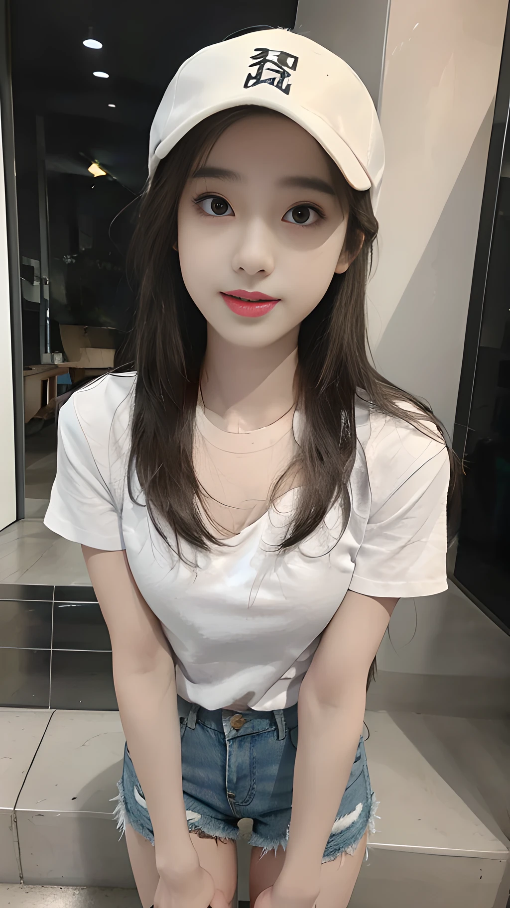 realistic, high resolution, 1 girl, long hair, korean,, loose white shirt, skinny denim shorts,, thighs, panties visible,