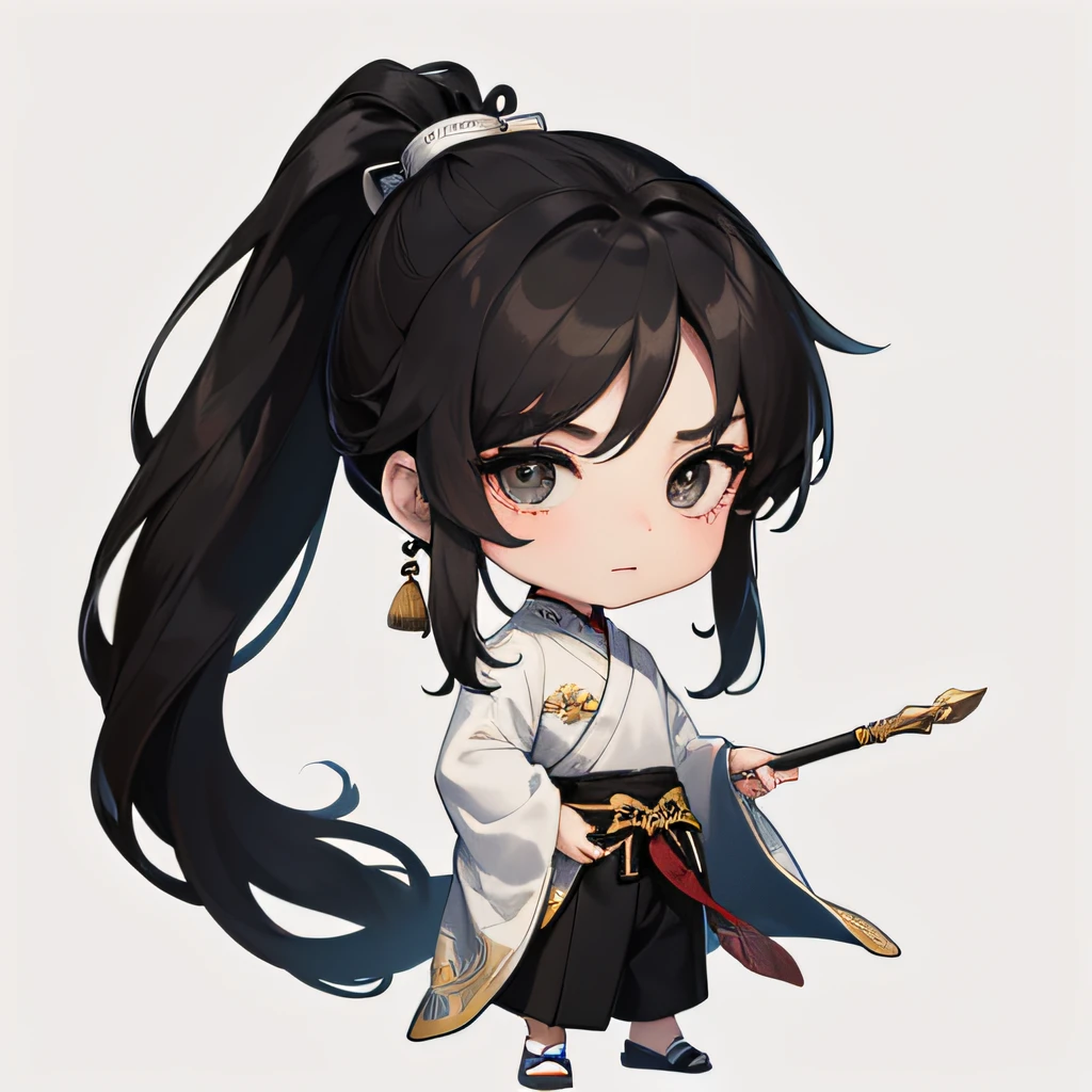 Masterpiece, Superb Piece, (1 boy: 1.8), (Chibi: 1.8), standing, sideways, (ancient Chinese clothes: 1.2), long black hair, ponytail, black eyes, white background, simple background