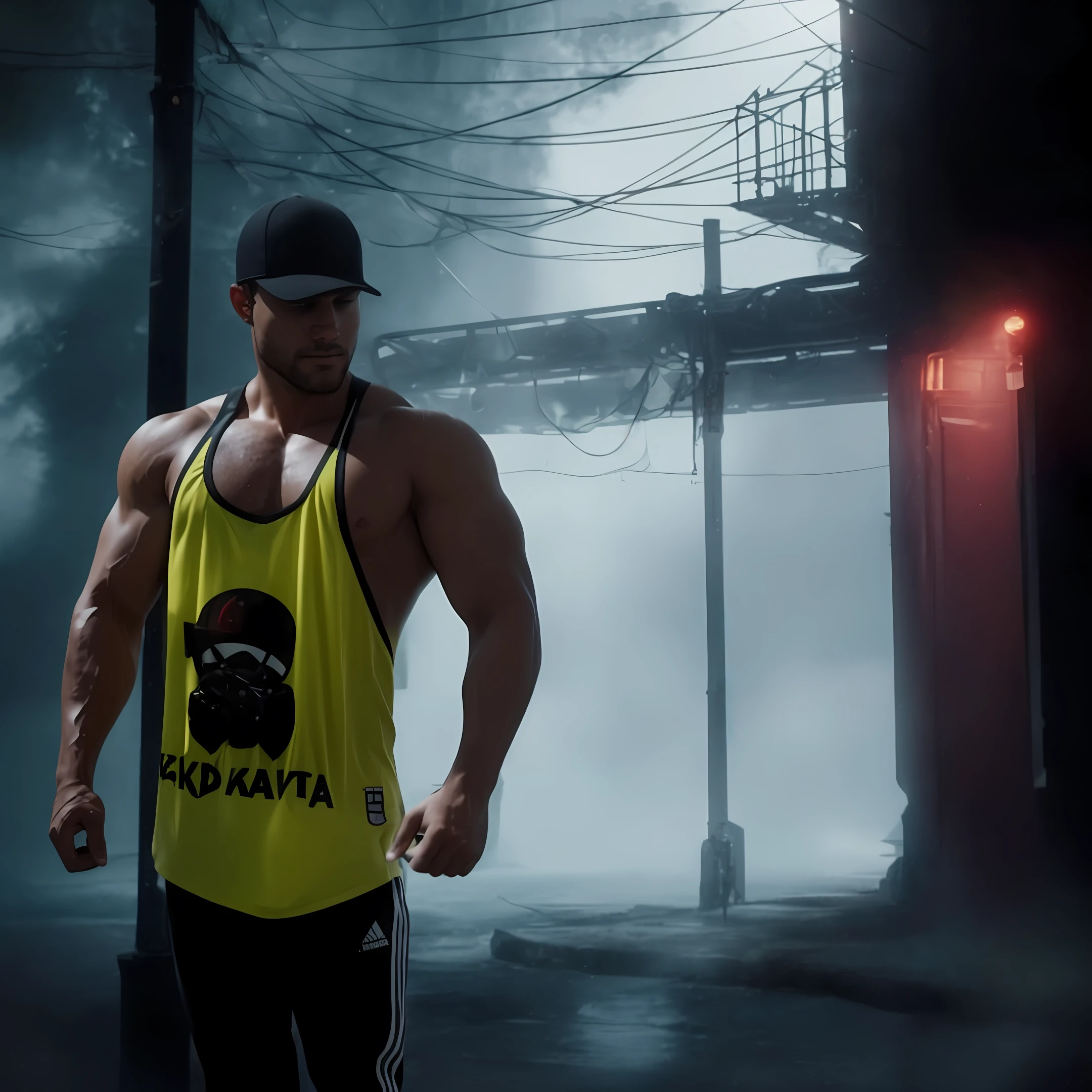 fitness man,um homem moreno de bone, homem forte, uma cidade sombria atrás do homem, cenário caótico,imagem ultra realista, imagem HD, Full HD, Full definição, realismo, qualidade ultra realista, fotografia,foto profissional, 8K, cinematic lighting, photographic, Eastman Kodak Color Negative film 5251 50T shot on panavision super ps . no arms,light through the mist morning fog, highly detailed, photorealistic portrait, bright studio setting, studio lighting, crisp quality and light reflections, unreal engine 5 quality render, realistic face,naturals body figure on instagram, full body shot, telephoto lens, 50mm --auto --s2
