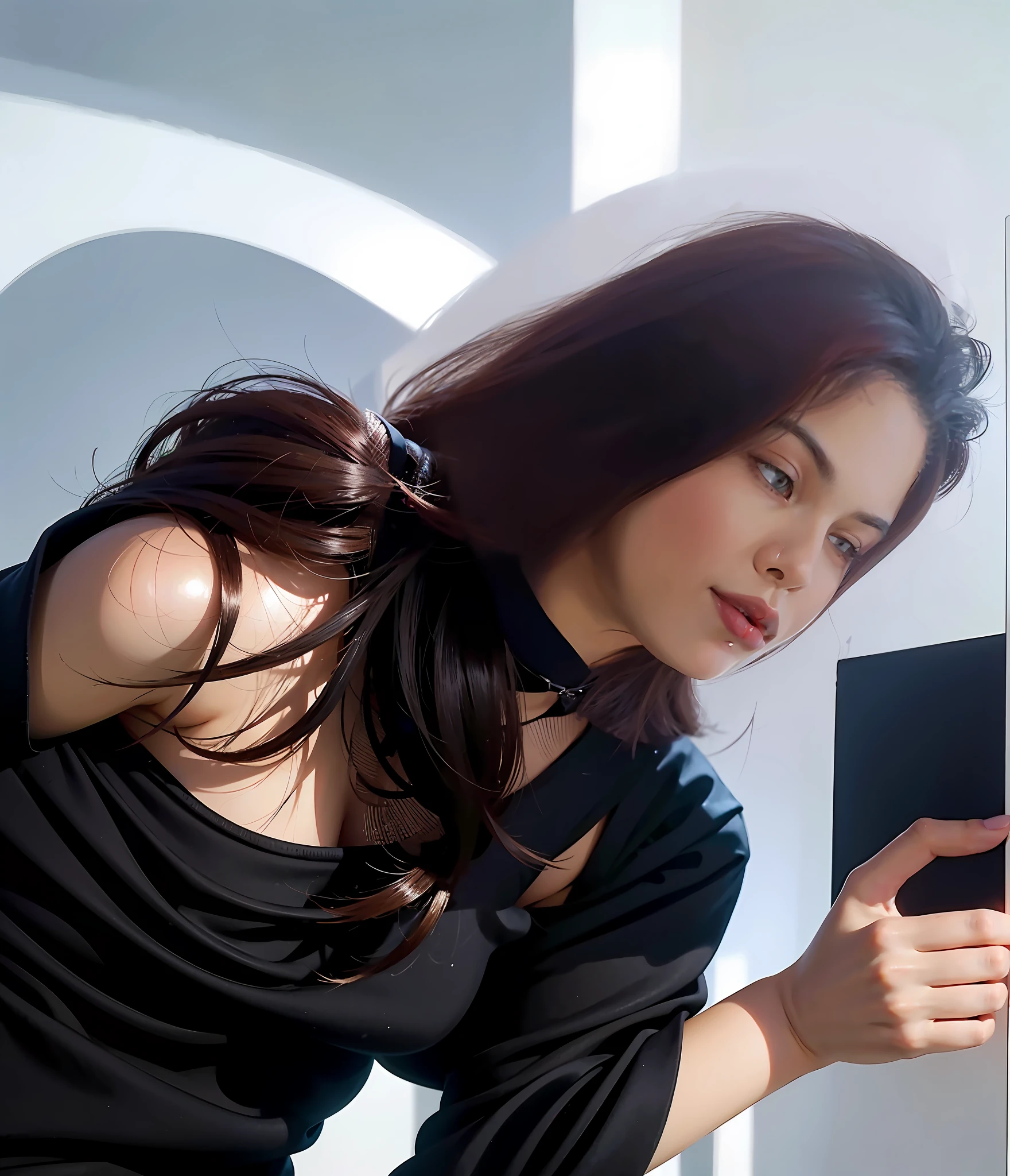 "(realistic portrait of female face with perfect anatomy, realistic shadows, natural silky brown hair, minimalist white background)"