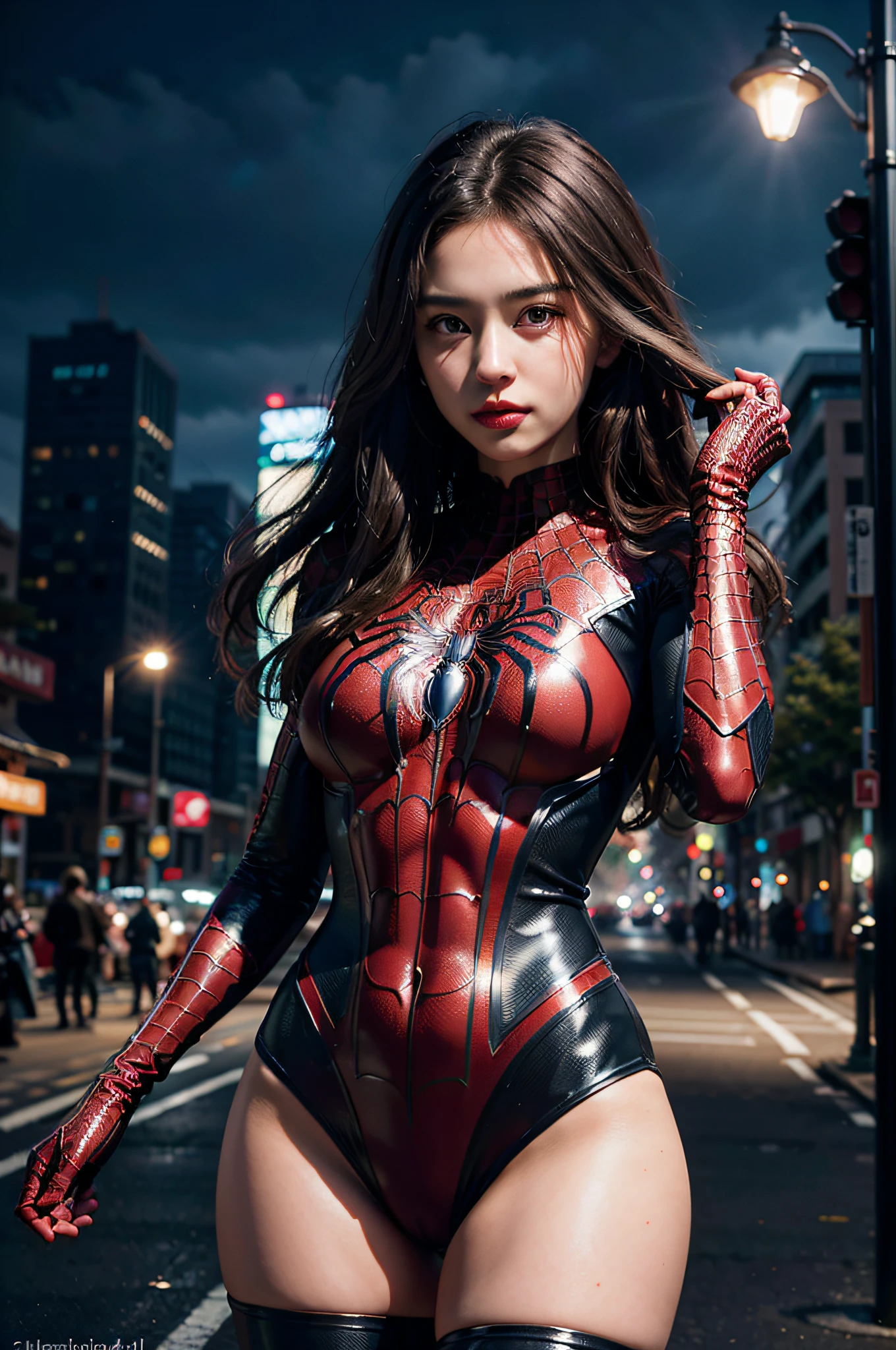 (wearing spiderwoman_cosplay_outfit:1.1), in front of a sky, 
good hand,4k, high-res, masterpiece, best quality, head:1.3,((Hasselblad photography)), finely detailed skin, sharp focus, (cinematic lighting), night, soft lighting, dynamic angle, [:(detailed face:1.2):0.2], medium breasts, outside,