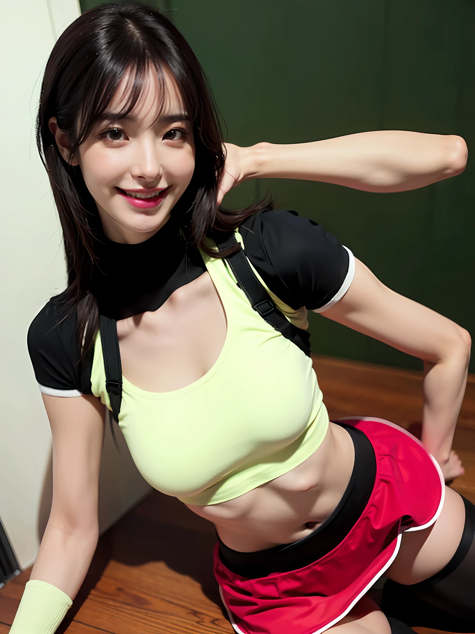 (8k, best quality, masterpiece:1.2), (realistic, photo-realistic:1.37), ultra-detailed, 1 girl,cute, solo, (tifa lockhart), (small breasts),(beautiful detailed eyes), (smile:1.2), (closed mouth), erotic pose, dancing, neon lights, depth of field, dark intense shadows, sharp focus, cars, motor bikes, good composition, green glowing light, Final Fantasy, dating,(nose blush), single elbow pad, ankle boots, black hair, black skirt, black thighhighs, red boots, elbow gloves, elbow pads, fingerless gloves, taut shirt, sports bra, (suspender black skirt), thighhighs, white tank top, full body, head rest, lips, pretty face, low-tied long hair, (red_eyes), yellow flowers, (night:1.3), intricate, bokeh, cinematic lighting, (Tetsuya Nomura)