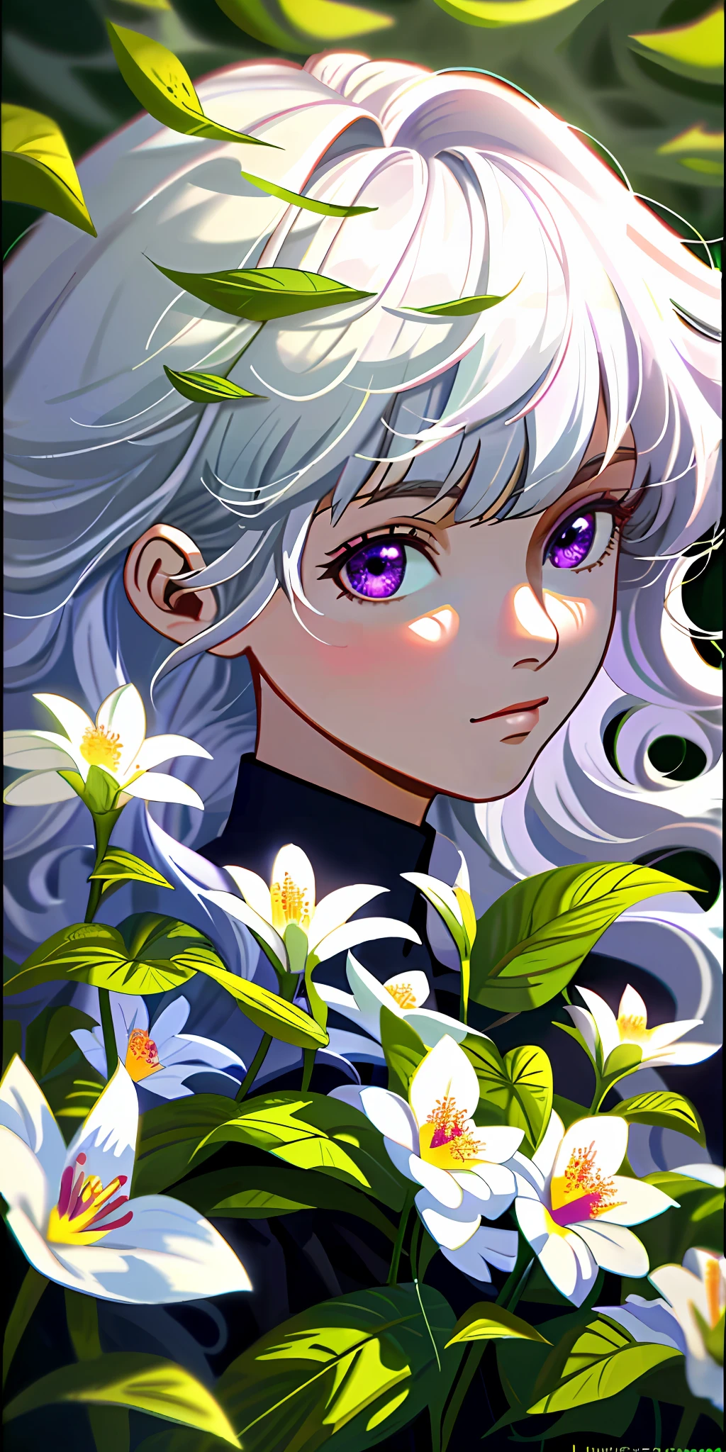 , sharp focus: 1.2, highest quality Len's, long hair, bangs, 1 girl, solo, flower, portrait, leaf, curly hair, white hair, purple eyes, flowers around, close-up, beautiful, highest quality digital art, stunning art, wallpaper 4k, 8k, 64k, HD, unparalleled masterpiece, dynamic lighting, movie, epic