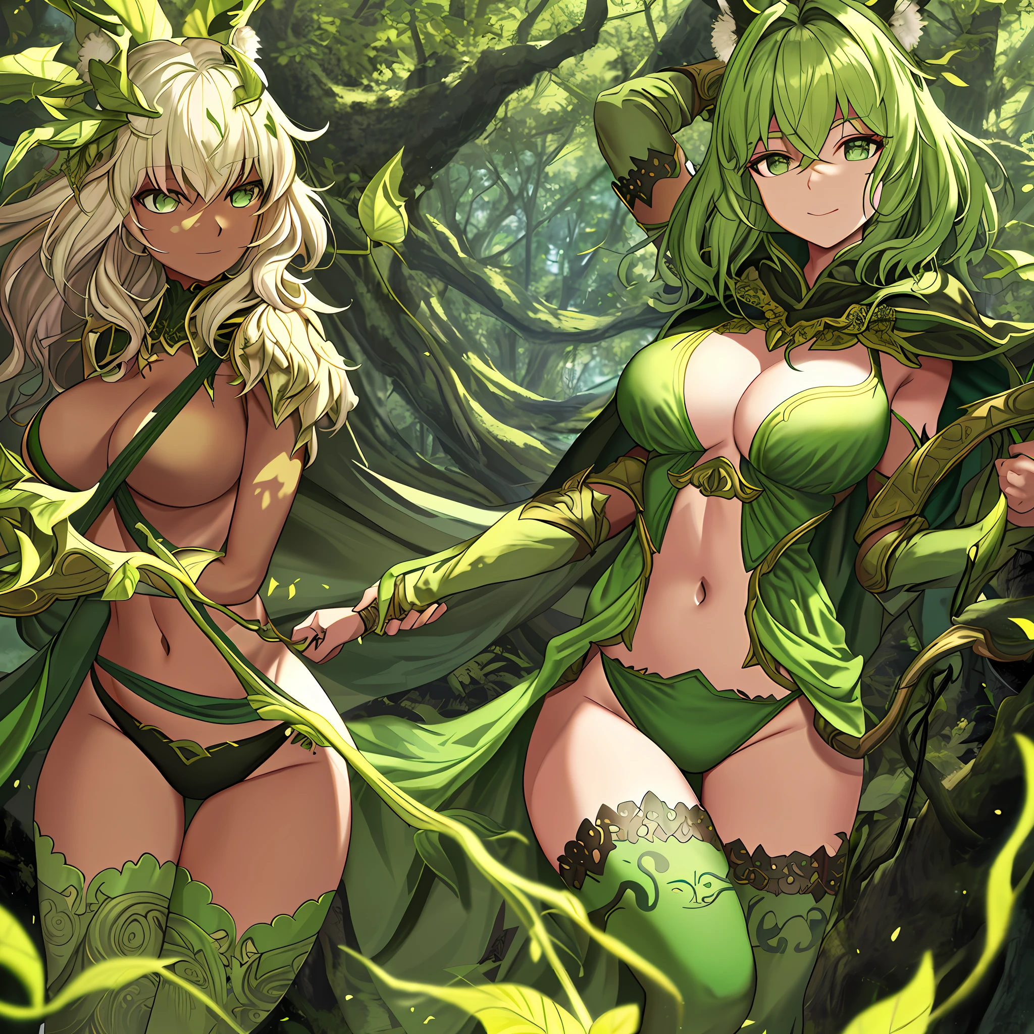 fantasy, 1forest_elemental_girl, fighting, (using_leaves_clothes, green_leaves_covered_breasts, leaves_covered_pussy)+++,medium_breasts,dynamic_pose_standing, light_smile, sleepy, medium_hair, navel,(dark_skin)+, oil, (winding_vine_around_torso)++, plump,forest, trees_background, leaves_headgear, green_leaves_cape, hold_large_long_staff, thighhighs,