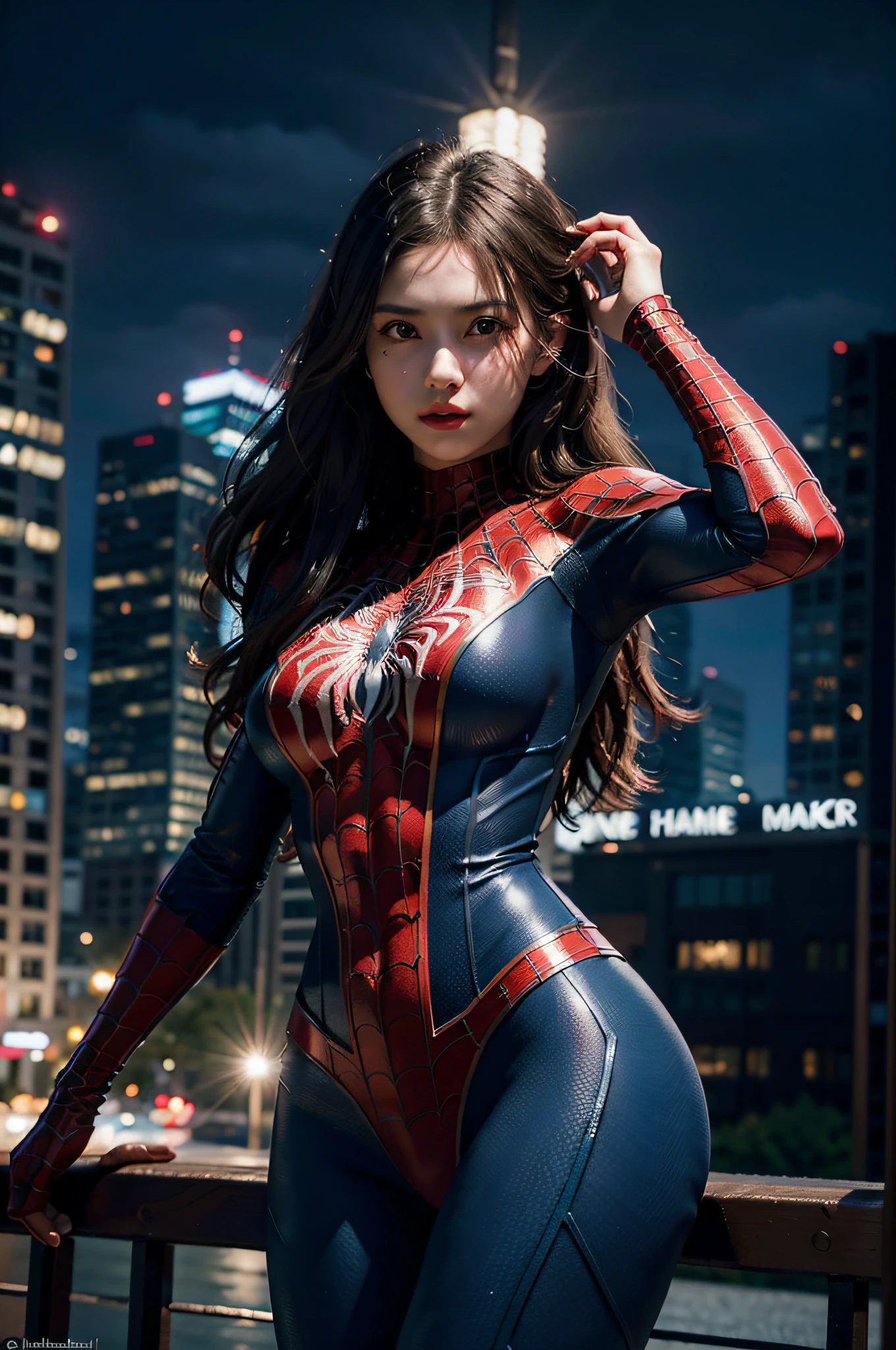 (wearing spiderwoman_cosplay_outfit:1.1), in front of a sky, 
good hand,4k, high-res, masterpiece, best quality, head:1.3,((Hasselblad photography)), finely detailed skin, sharp focus, (cinematic lighting), night, soft lighting, dynamic angle, [:(detailed face:1.2):0.2], medium breasts, outside,