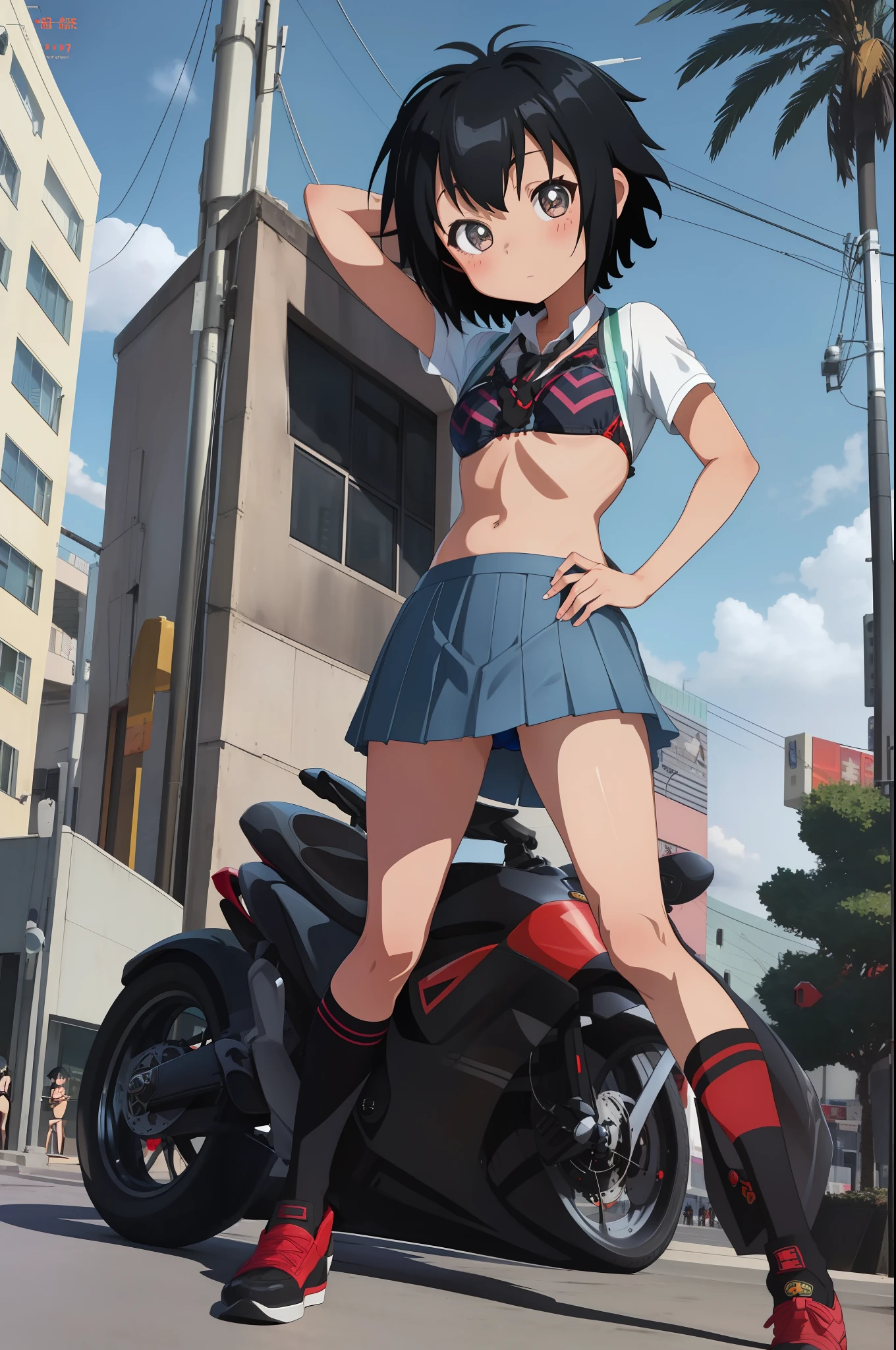 1 sexy girl, street landscape,people,posing on a stool,posing for a magazine, (magazine cover), full body, bikini, (), peni Parker, beautiful, (14 years), ((micro bikini)), good anatomy, masterpiece, hands back, lifting her skirt, showing her panties