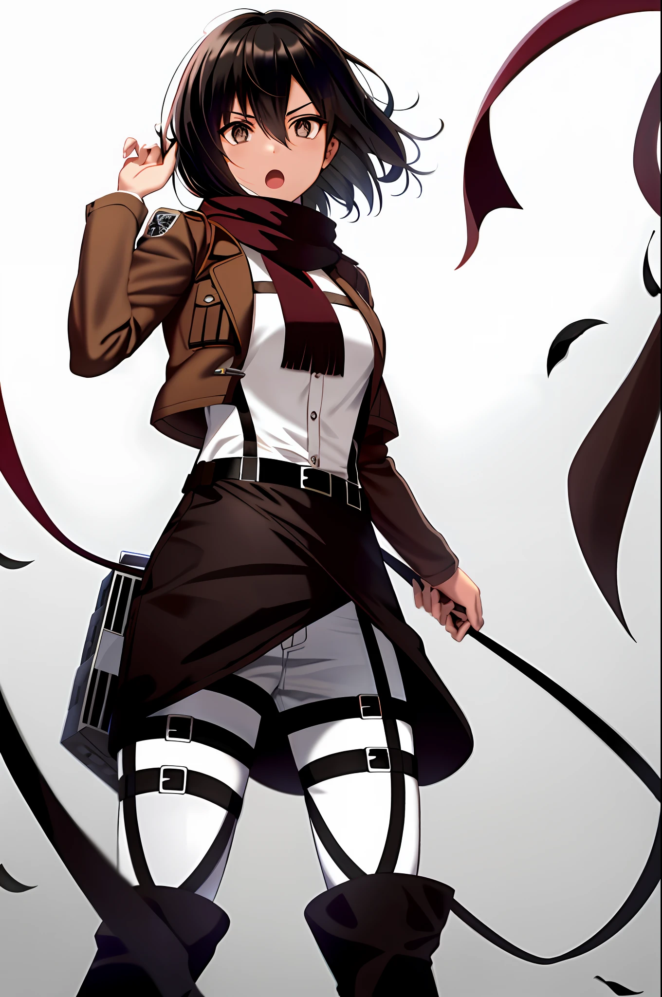 mikasa ackerman, shingeki no kyojin, 1girl, bangs, belt, belt buckle, black eyes, black hair, brown belt, brown jacket, buckle, dress shirt, hair between eyes, jacket, long sleeves, medium hair, open clothes, open jacket, open mouth, paradis military uniform, red scarf, scarf, shirt, solo, standing, straight hair, suspenders, three-dimensional maneuver gear, white background, white shirt, wing collar

, ((masterpiece))