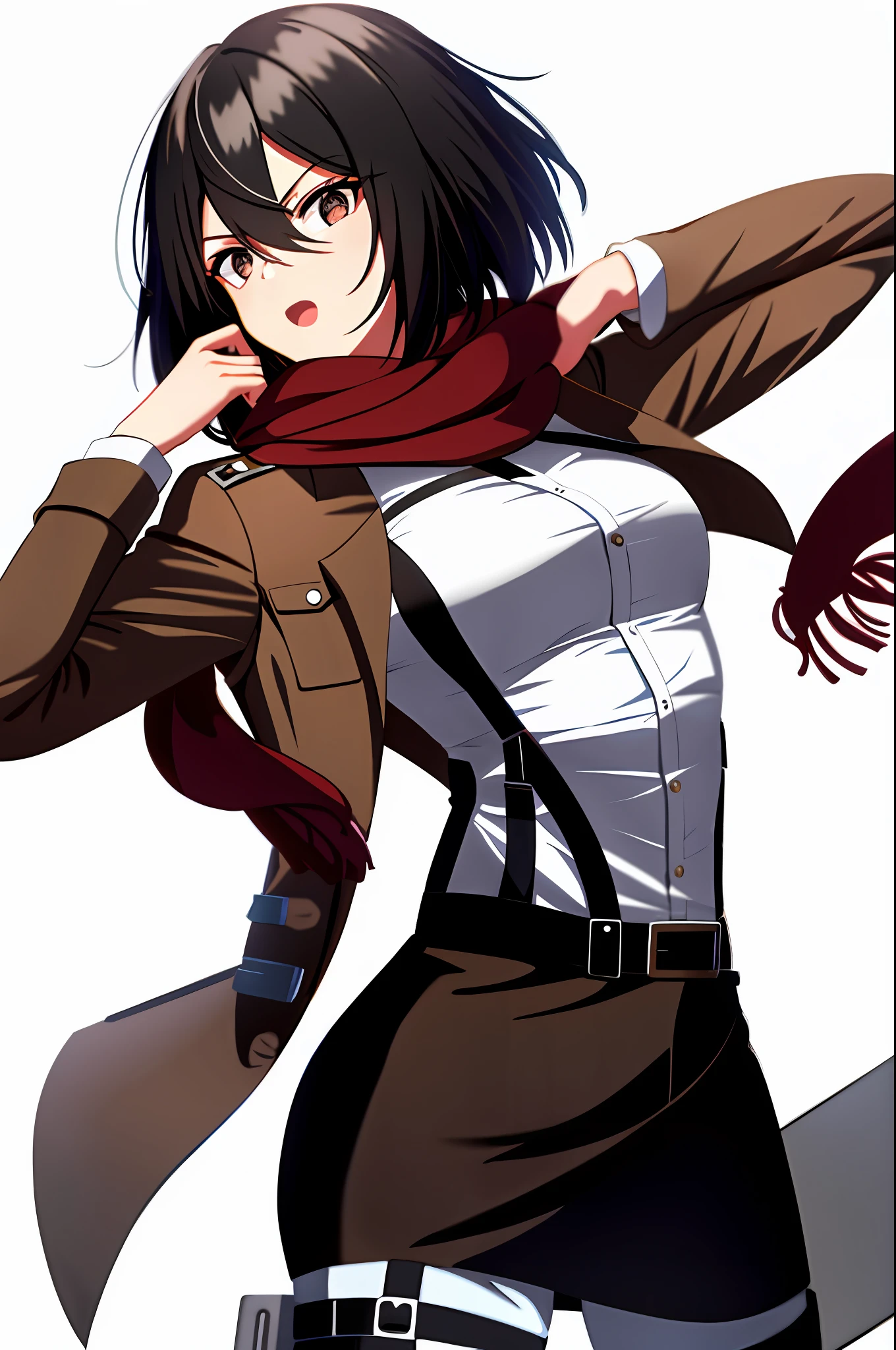 mikasa ackerman, shingeki no kyojin, 1girl, bangs, belt, belt buckle, black eyes, black hair, brown belt, brown jacket, buckle, dress shirt, hair between eyes, jacket, long sleeves, medium hair, open clothes, open jacket, open mouth, paradis military uniform, red scarf, scarf, shirt, solo, standing, straight hair, suspenders, three-dimensional maneuver gear, white background, white shirt, wing collar
, ((masterpiece))
