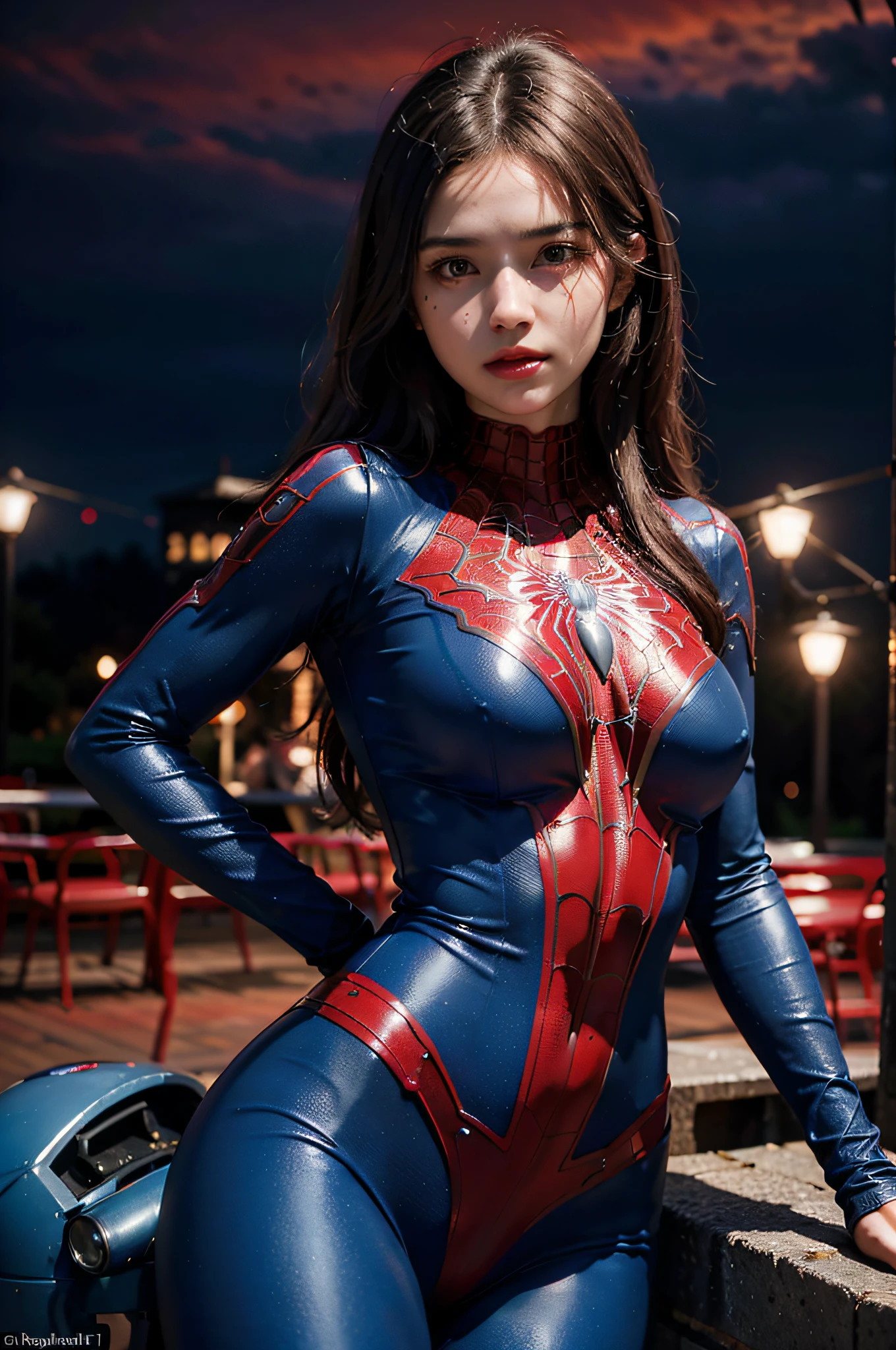 (wearing spiderwoman_cosplay_outfit:1.1), in front of a sky, (red and blue outfit:1.3),
good hand,4k, high-res, masterpiece, best quality, head:1.3,((Hasselblad photography)), finely detailed skin, sharp focus, (cinematic lighting), night, soft lighting, dynamic angle, [:(detailed face:1.2):0.2], medium breasts, outside,