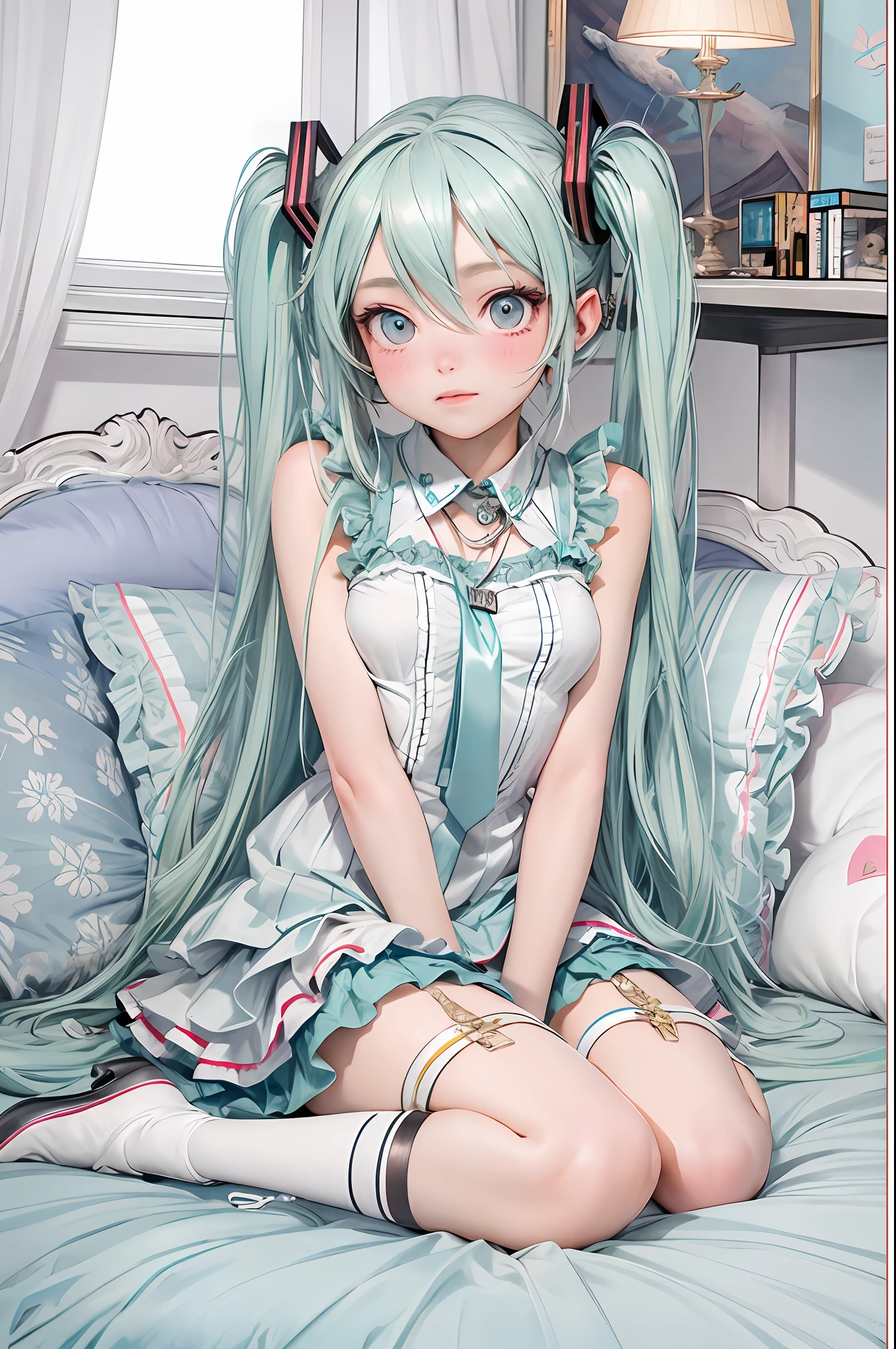 Masterpiece, best quality, official art, 8k wallpaper, very detailed, illustration, 1 girl, sky blue hair, hatsune miku, bedroom, dress