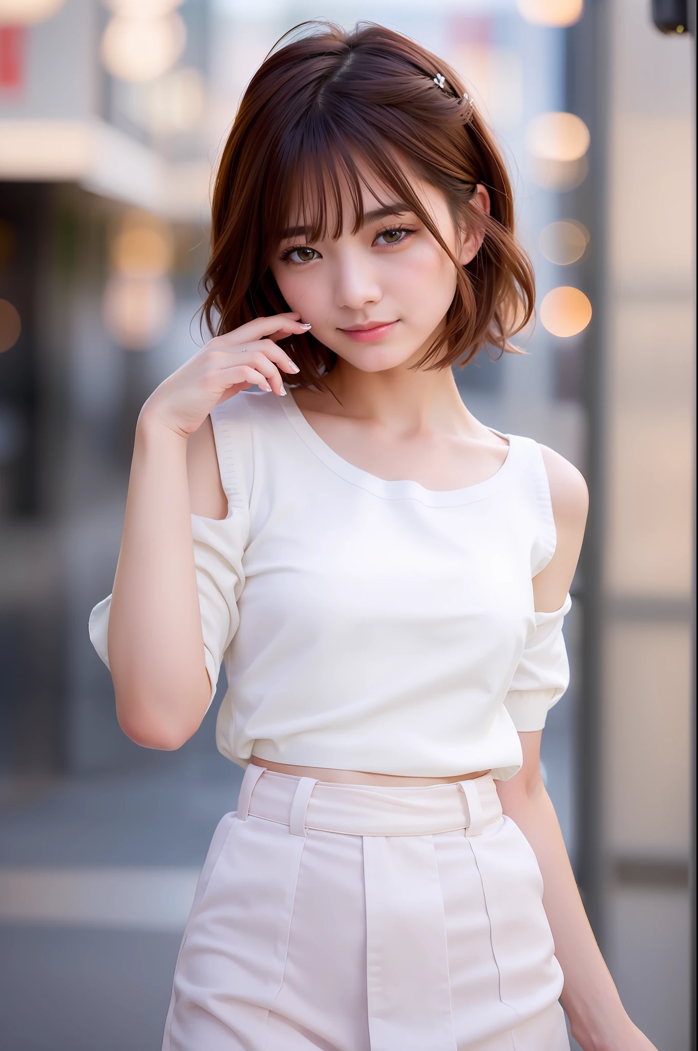 (skin blemish:1.2), (skindentation), black eye, 1woman, 25yo, (((woman))), solo, realistic, best quality, photorealistic, masterpiece, 8k, high res, solo, extremely detailed face, (professional lighting, bokeh), (light particles, lens flare, glowing particles:0.6), (dynamic pose:1.2), soft lighting, top angle view, fashionable and trendy atmosphere, japan, street, city, tokyo, harbour, ((daytime)), sky, ((looking at the viewer:1)), (looking at the camera),(portrait:0.6), cowboy shot, gorgeous, standing, keep original facial proportion, wide shoulder, full body, (small breast), (short hair), brown hair, floating hair, lips, lipstick, seductive smile, floating hair, smile, open_mouth, teeth, (sleeves less white blouse), (jumper skirt), eyelashes, mole, (mole under eye:1),