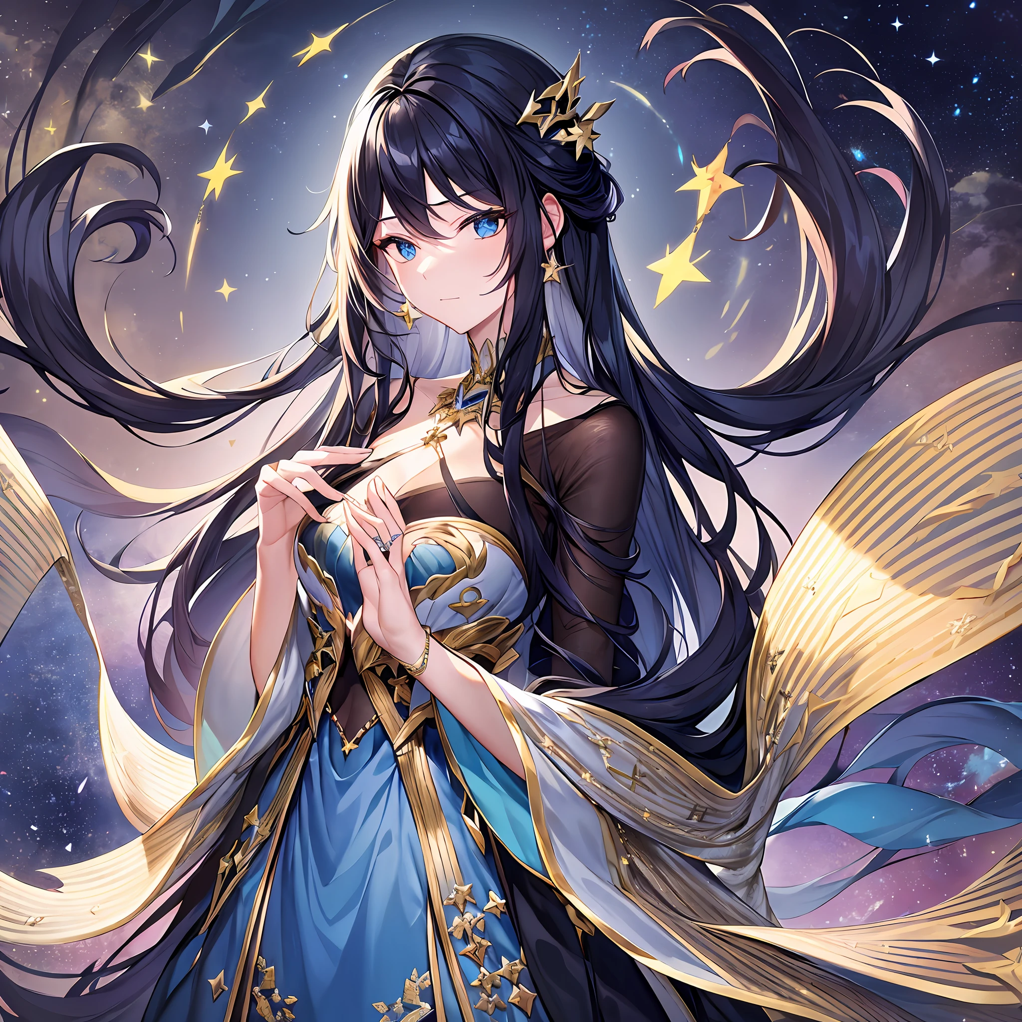 Gender: Male. Character expressions: The expression is calm, the eyes are cold, and it seems elusive.

Hairstyle and color: Long black hair, usually draped down and shrouded behind the body. The hair is delicate and supple, and there is a proud atmosphere.

Clothing style and color: dark blue robe, soft and comfortable material, embroidered with many star motifs, shimmering silver in the daylight. The skirt extends to the ground

Accessories on the character: wearing a diamond in the hair, it looks gorgeous. Worn on his wrist is a white gold bracelet with a pattern of stars, which is simple and beautiful, shining with dazzling light.

Character pose: Hands gently crossed over chest, body slightly leaned back, as if looking at something important.

Setting: You are on a stargazing platform, the ground is shiny stone slabs, surrounded by towering towers, and in the sky, the stars are shining and the sky is transparent, giving people infinite illusions.

Prompts: long black hair, dark blue robe, star pattern, diamonds, white gold bracelet, crossed hands, stargazing platform, towering into the clouds, stars.