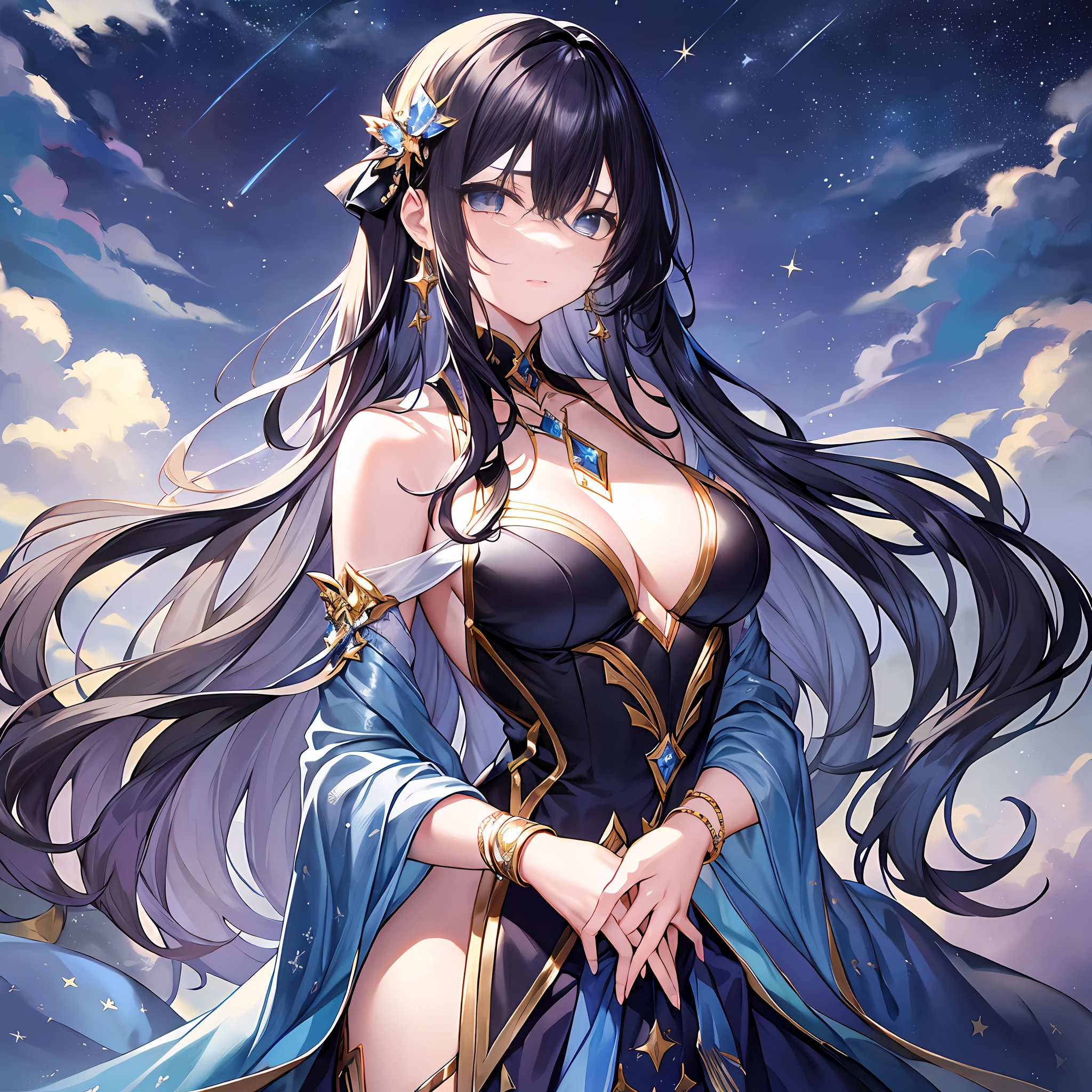 Gender: Male. Character expressions: The expression is calm, the eyes are cold, and it seems elusive.

Hairstyle and color: Long black hair, usually draped down and shrouded behind the body. The hair is delicate and supple, and there is a proud atmosphere.

Clothing style and color: dark blue robe, soft and comfortable material, embroidered with many star motifs, shimmering silver in the daylight. The skirt extends to the ground

Accessories on the character: wearing a diamond in the hair, it looks gorgeous. Worn on his wrist is a white gold bracelet with a pattern of stars, which is simple and beautiful, shining with dazzling light.

Character pose: Hands gently crossed over chest, body slightly leaned back, as if looking at something important.

Setting: You are on a stargazing platform, the ground is shiny stone slabs, surrounded by towering towers, and in the sky, the stars are shining and the sky is transparent, giving people infinite illusions.

Prompts: long black hair, dark blue robe, star pattern, diamonds, white gold bracelet, crossed hands, stargazing platform, towering into the clouds, stars.