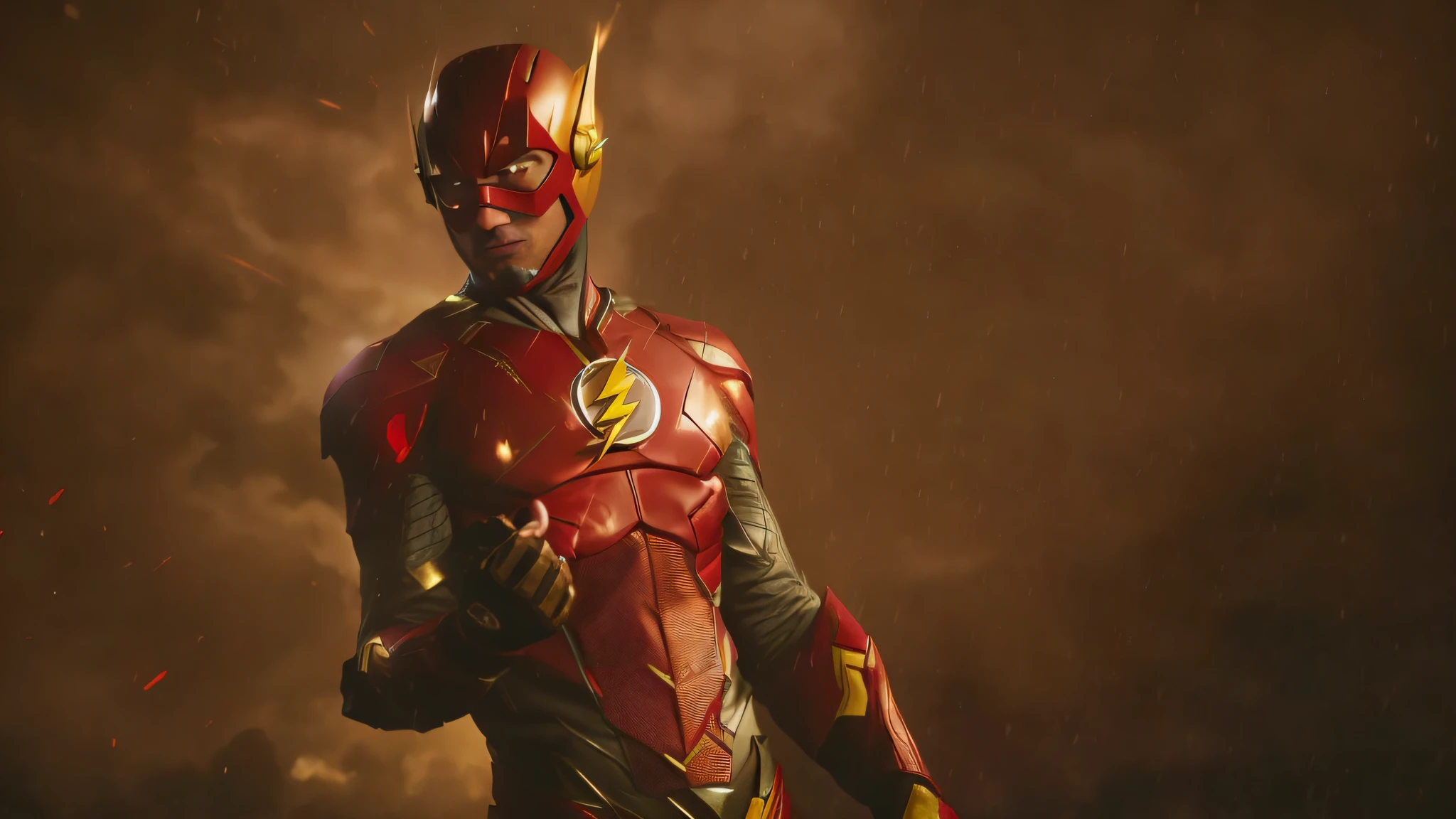 A closeup of a person in a red suit with a yellow flash on his chest and with lightning flashing through his body, wearing red and yellow hero costume, The Flash, Steve Harvey as the flash, stylish flashy flash, red lightning, cinematic front lightning, red lightning!!, render 8K CG, flash activated, cinematic full shot,  cinematic PS5 screenshot, Unreal engine'