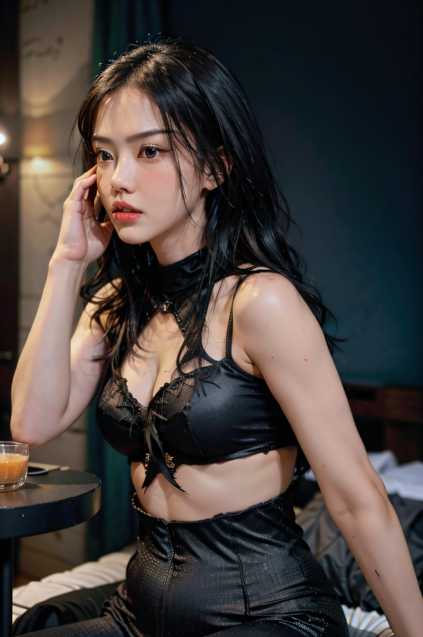 woman posing for a photo, (wearing crop_top_clothing,wearing spiderwoman_cosplay_outfit:1.3),
good hand,4k, high-res, masterpiece, best quality, head:1.3,((Hasselblad photography)), finely detailed skin, sharp focus, (cinematic lighting), collarbone, night, soft lighting, dynamic angle, [:(detailed face:1.2):0.2],(((5 stars hotel))), outside,